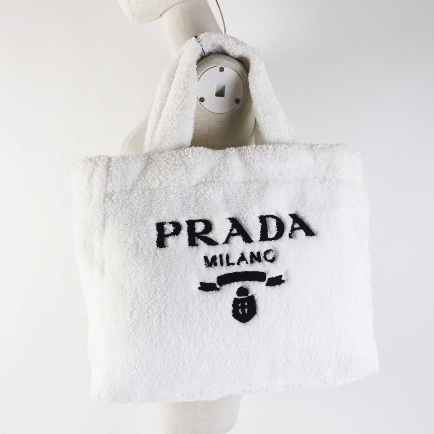 PRADA Tote Bag 1BG130 pile Bianco Nero terry