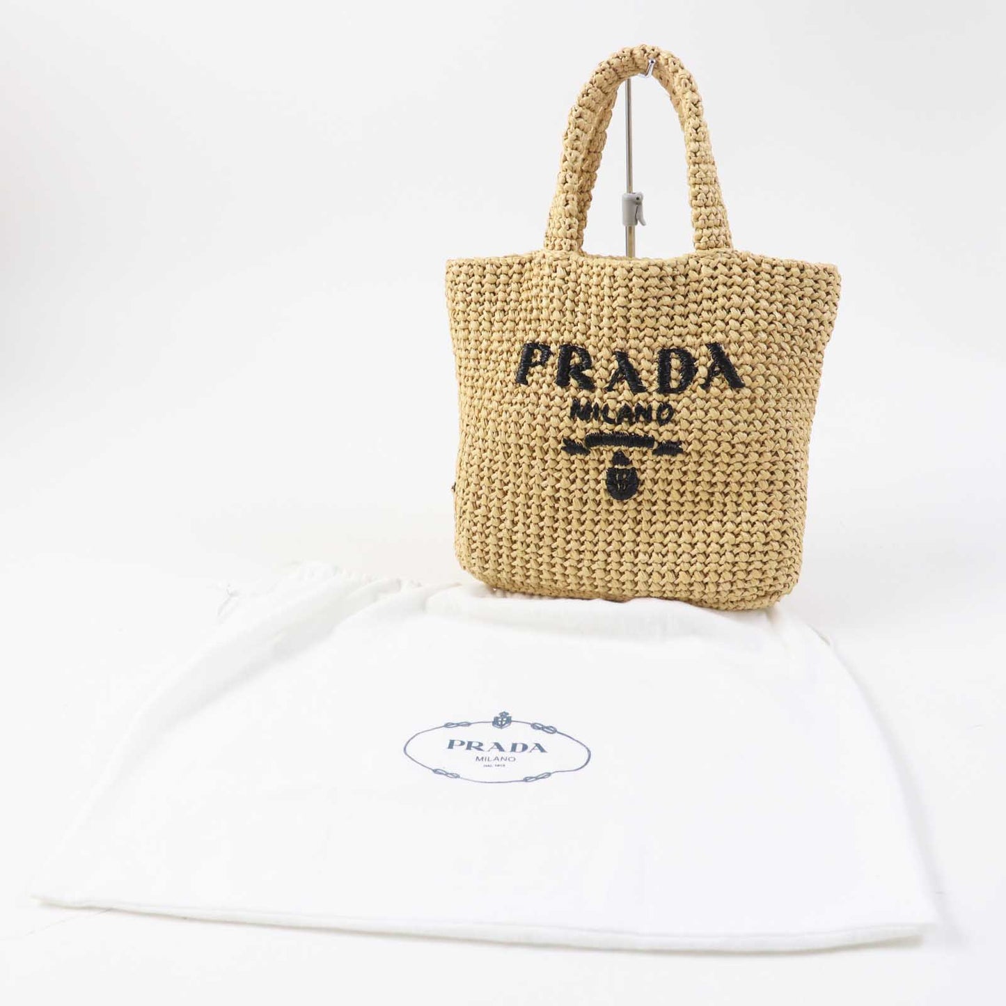PRADA Tote Bag 1BG422 Main: Raffia Natural black small crochet Women Used