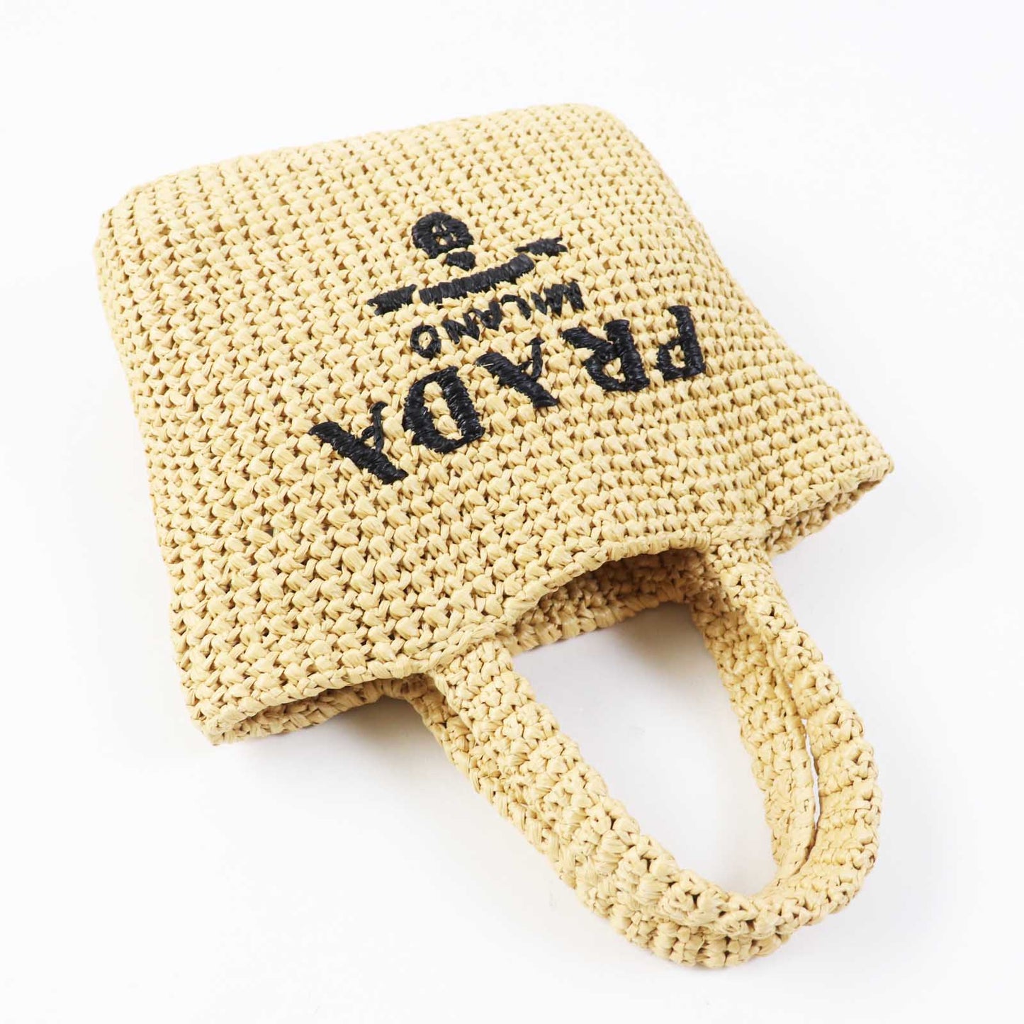 PRADA Tote Bag 1BG422 Main: Raffia Natural black small crochet Women Used