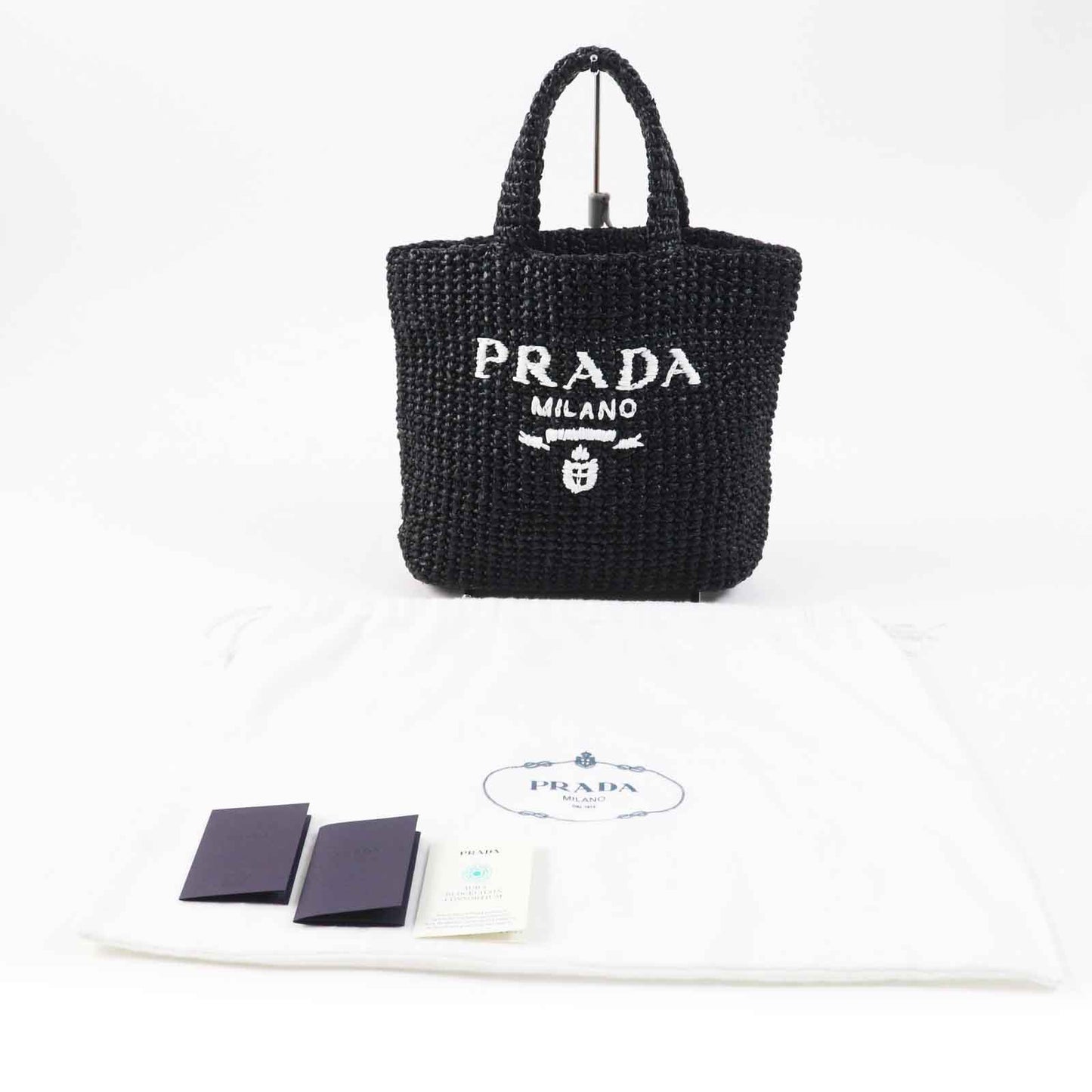PRADA Tote Bag 1BG422 Raffia Black White small crochet