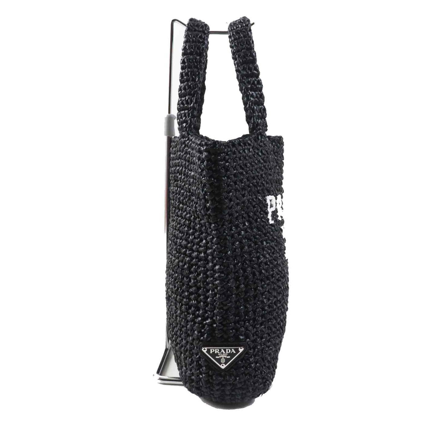PRADA Tote Bag 1BG422 Raffia Black White small crochet