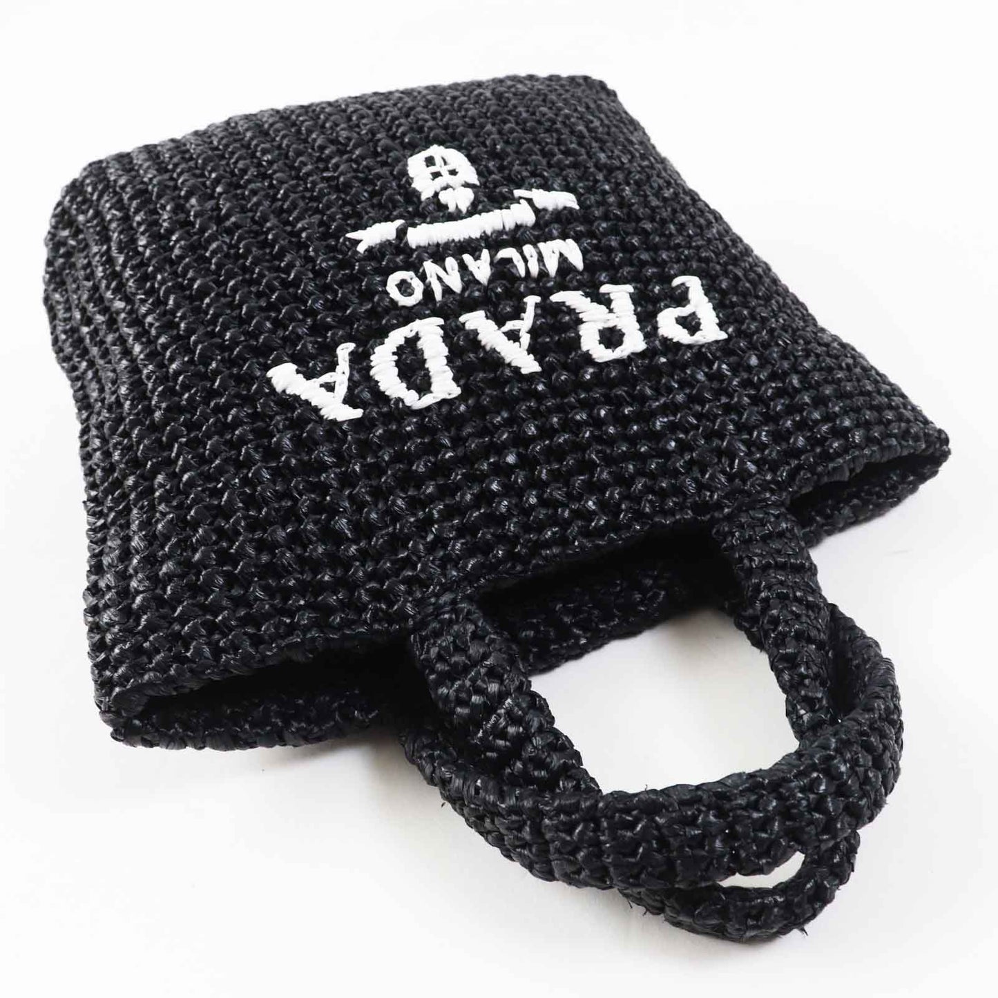 PRADA Tote Bag 1BG422 Raffia Black White small crochet