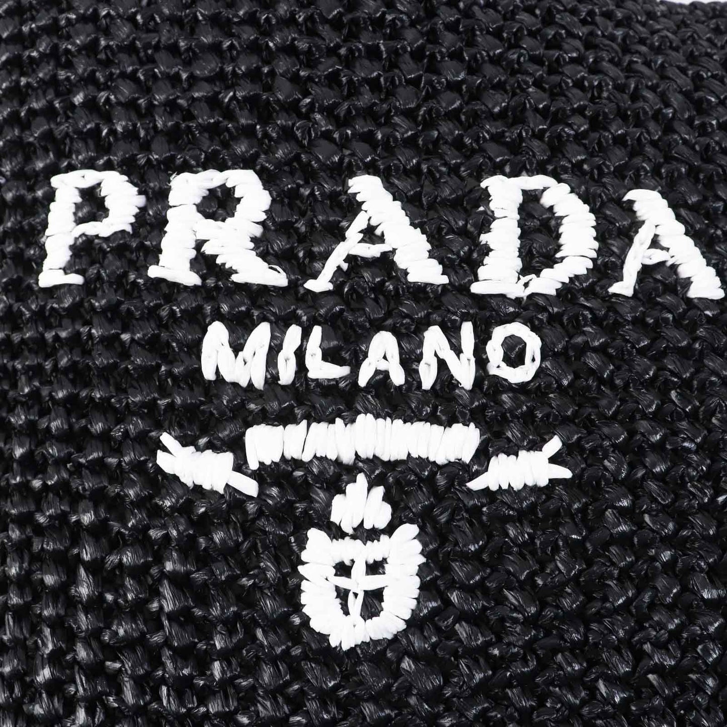PRADA Tote Bag 1BG422 Raffia Black White small crochet