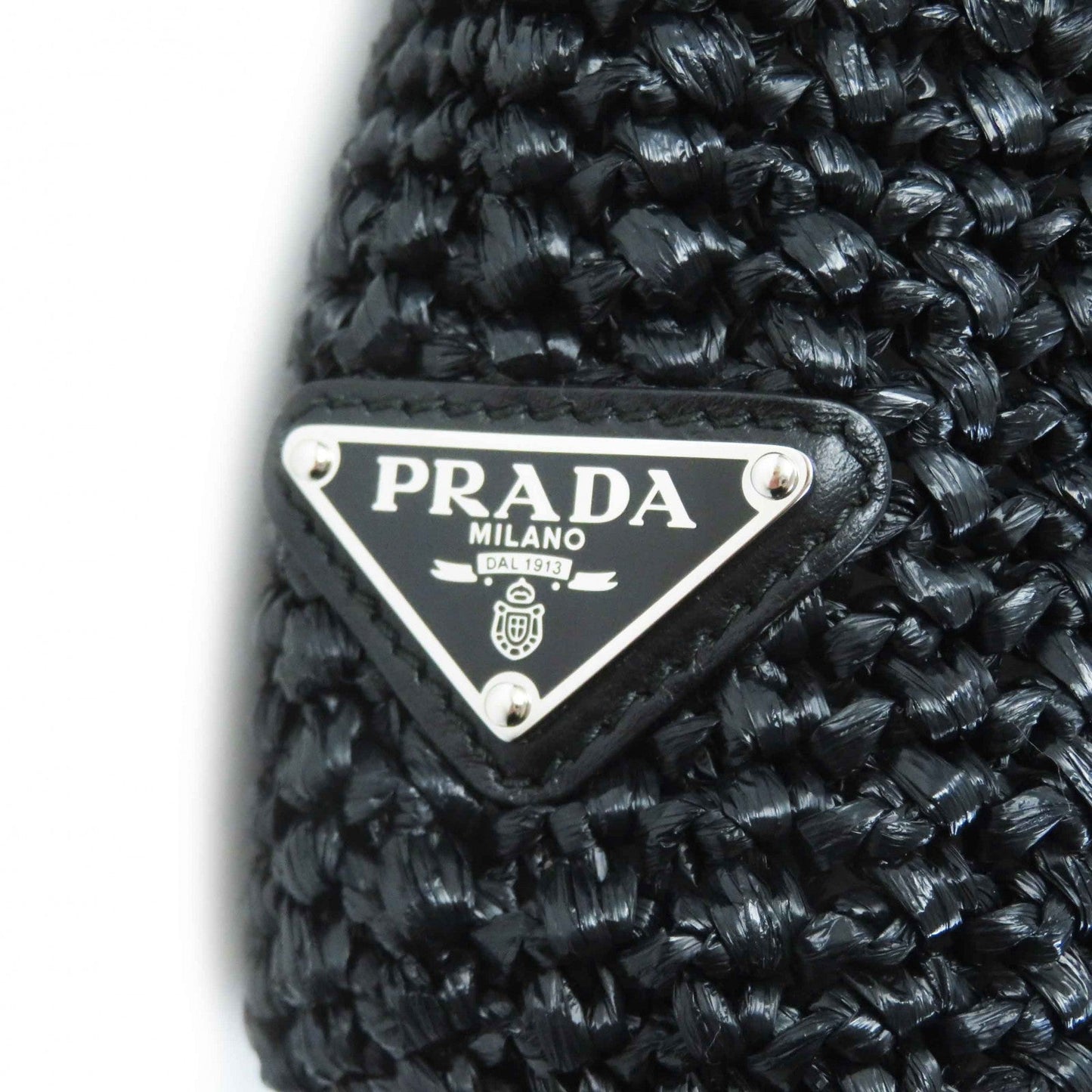 PRADA Tote Bag 1BG422 Raffia Black White small crochet