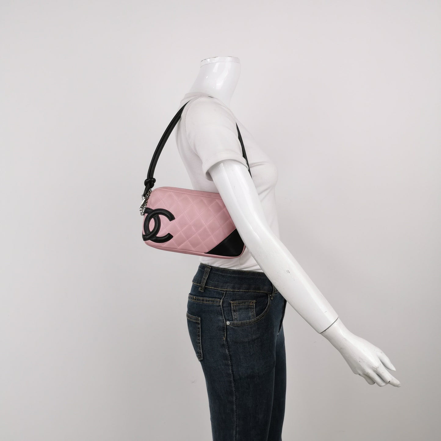 Chanel Cambon Clutch Shoulder Bag Pink Calfskin Leather Black Strap