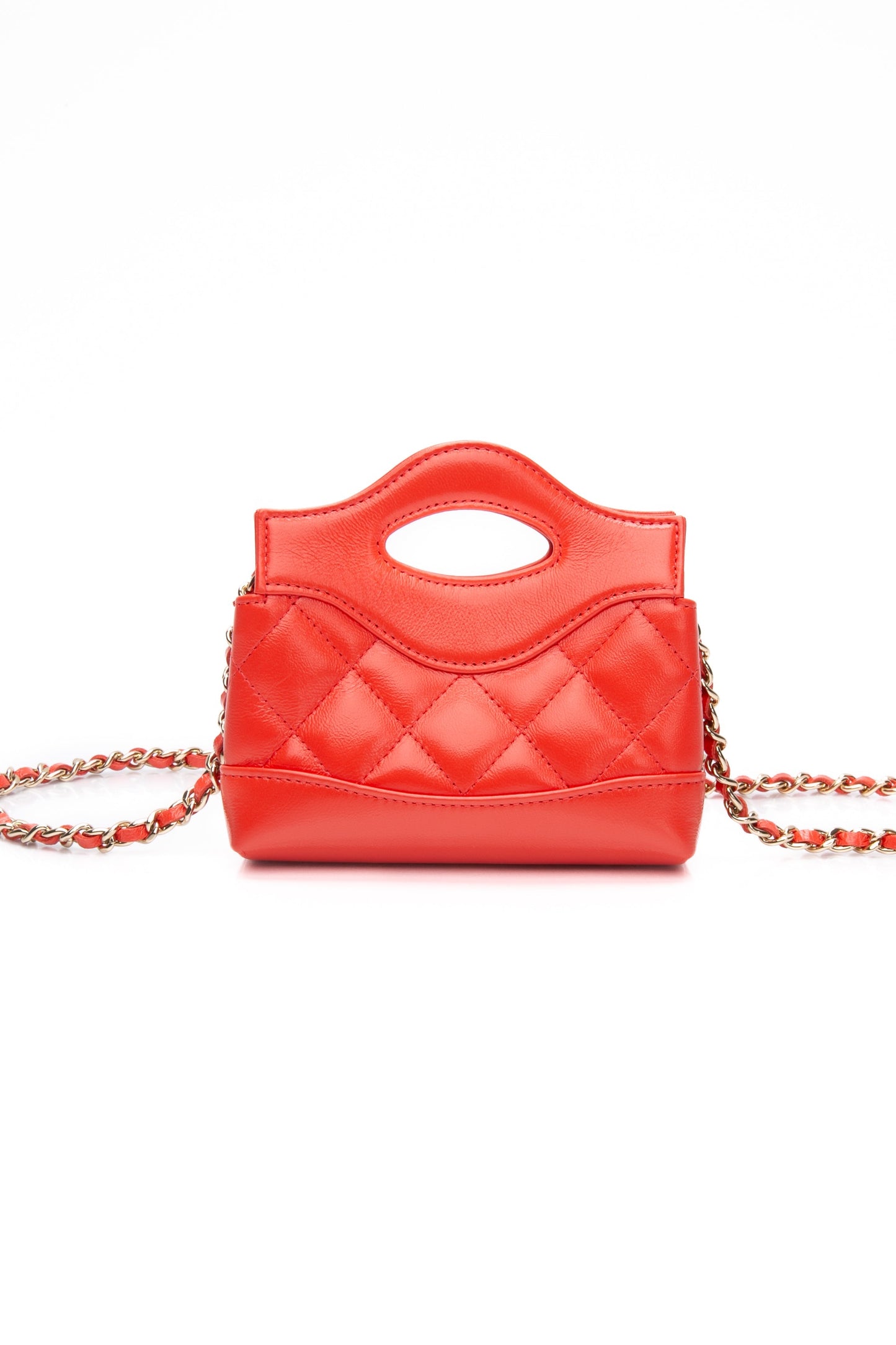 CHANEL Coral Red Shiny Lambskin Quilted Mini 31 Clutch with Chain (New)