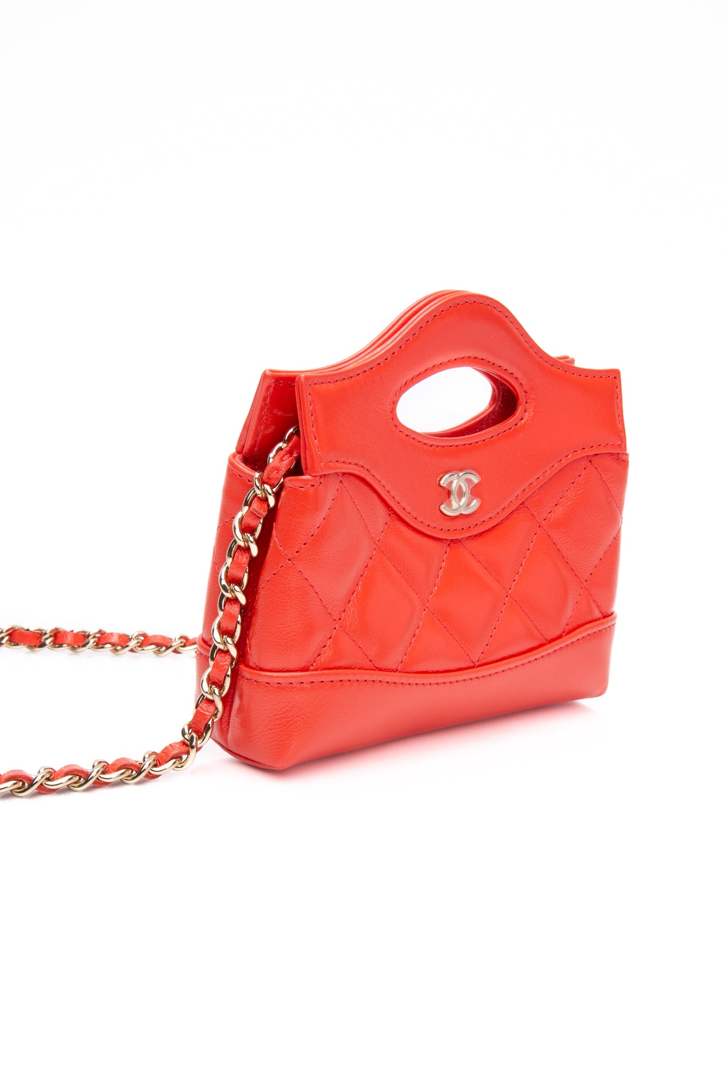 CHANEL Coral Red Shiny Lambskin Quilted Mini 31 Clutch with Chain (New)