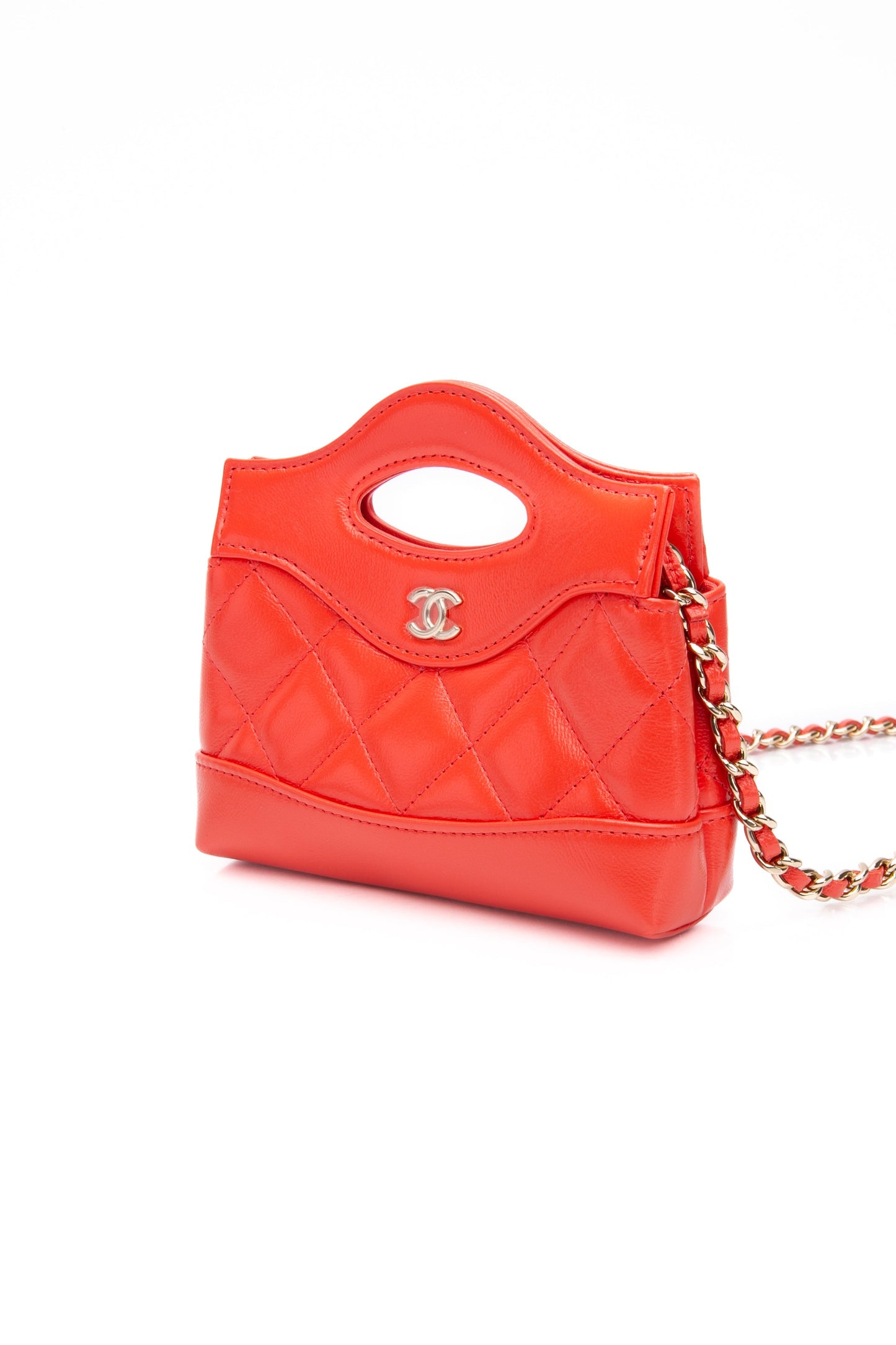 CHANEL Coral Red Shiny Lambskin Quilted Mini 31 Clutch with Chain (New)