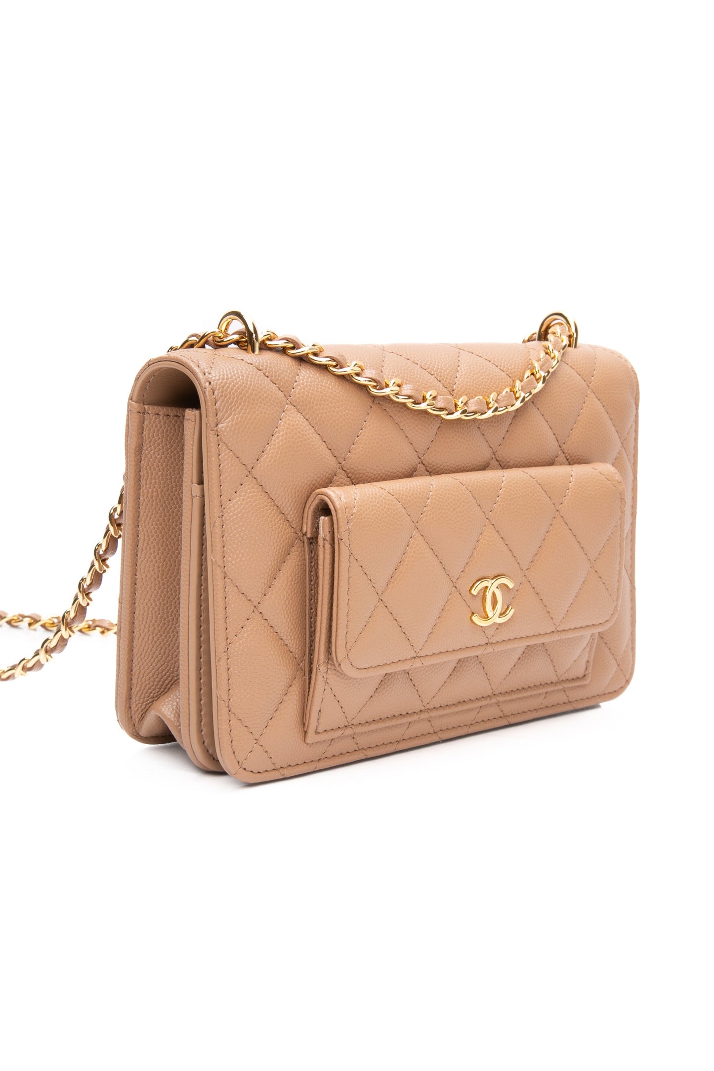 CHANEL Beige Caviar Quilted Pocket Clutch Wallet On Chain WOC