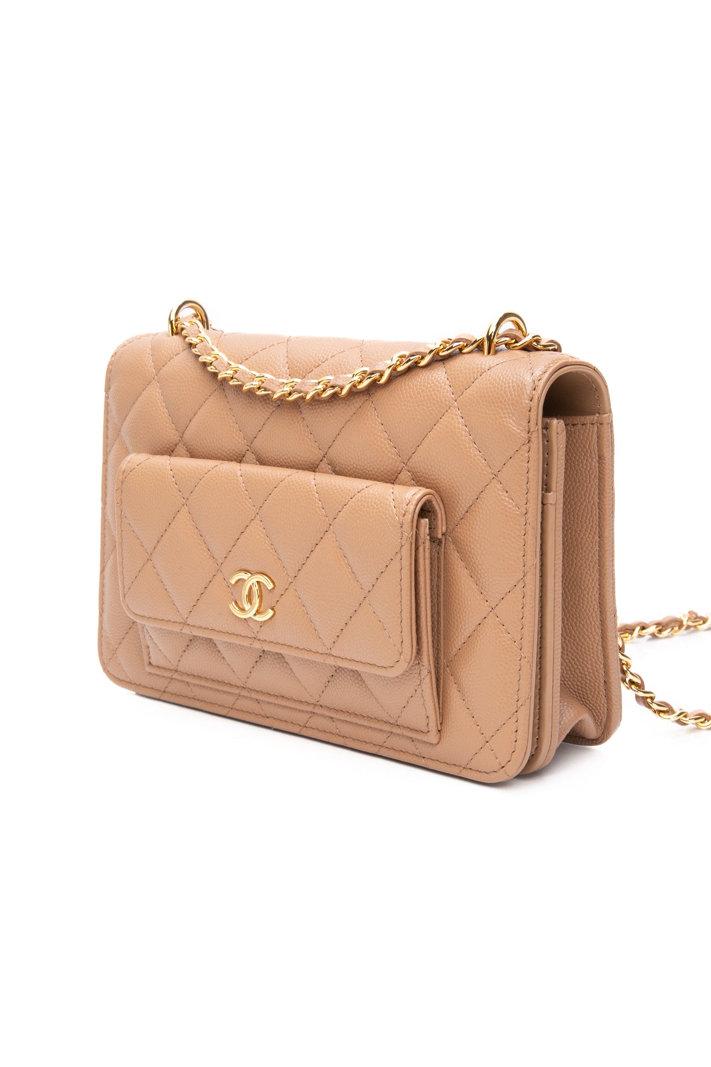 CHANEL Beige Caviar Quilted Pocket Clutch Wallet On Chain WOC