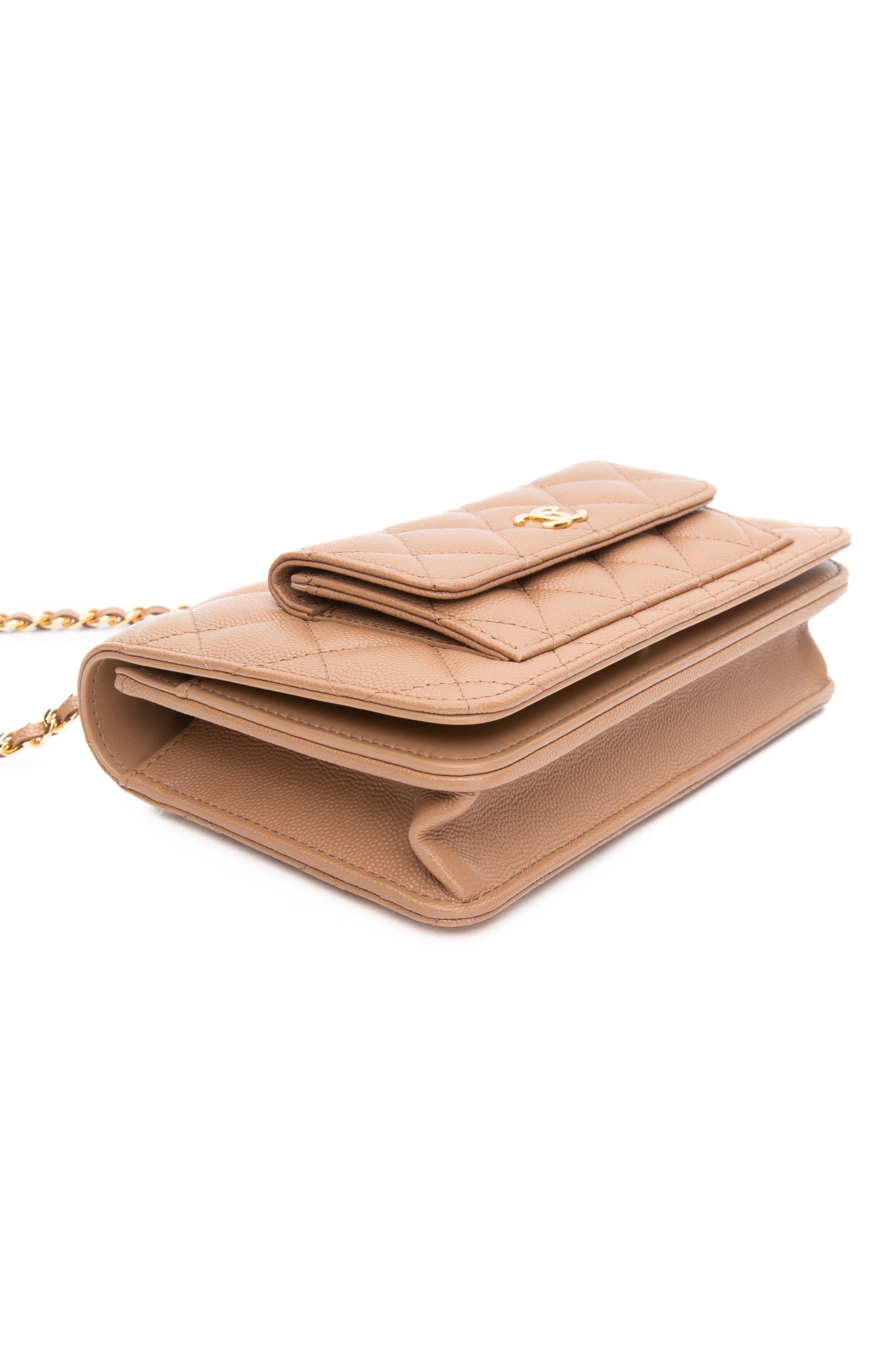 CHANEL Beige Caviar Quilted Pocket Clutch Wallet On Chain WOC