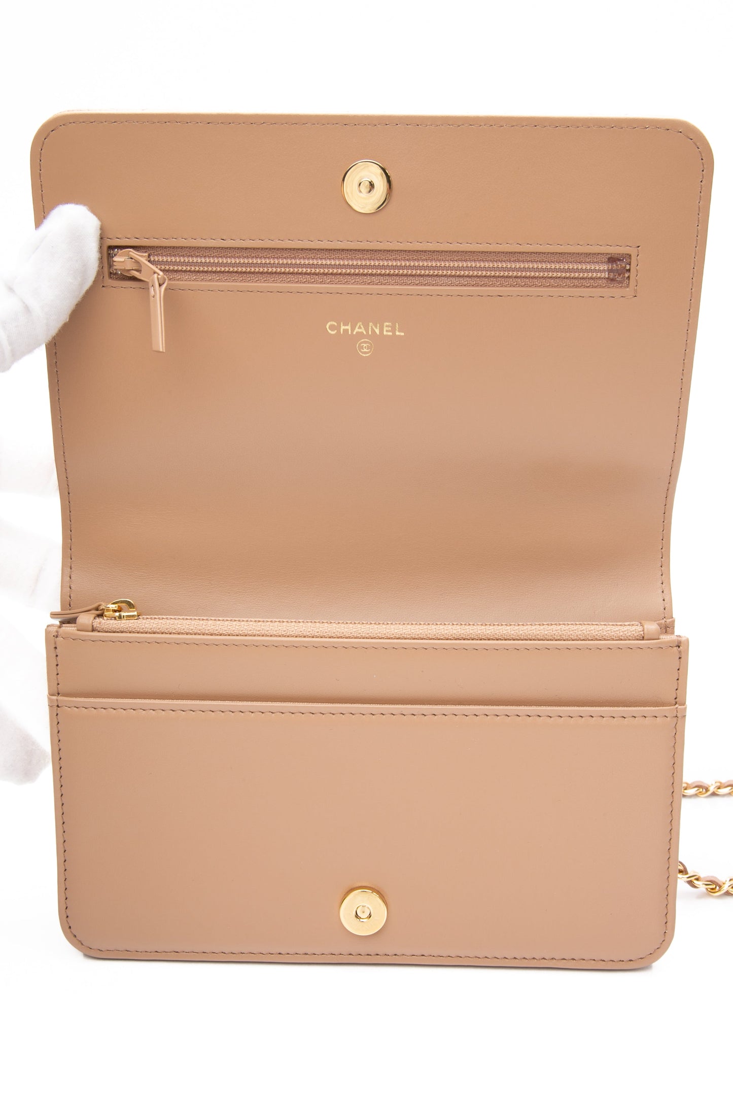 CHANEL Beige Caviar Quilted Pocket Clutch Wallet On Chain WOC