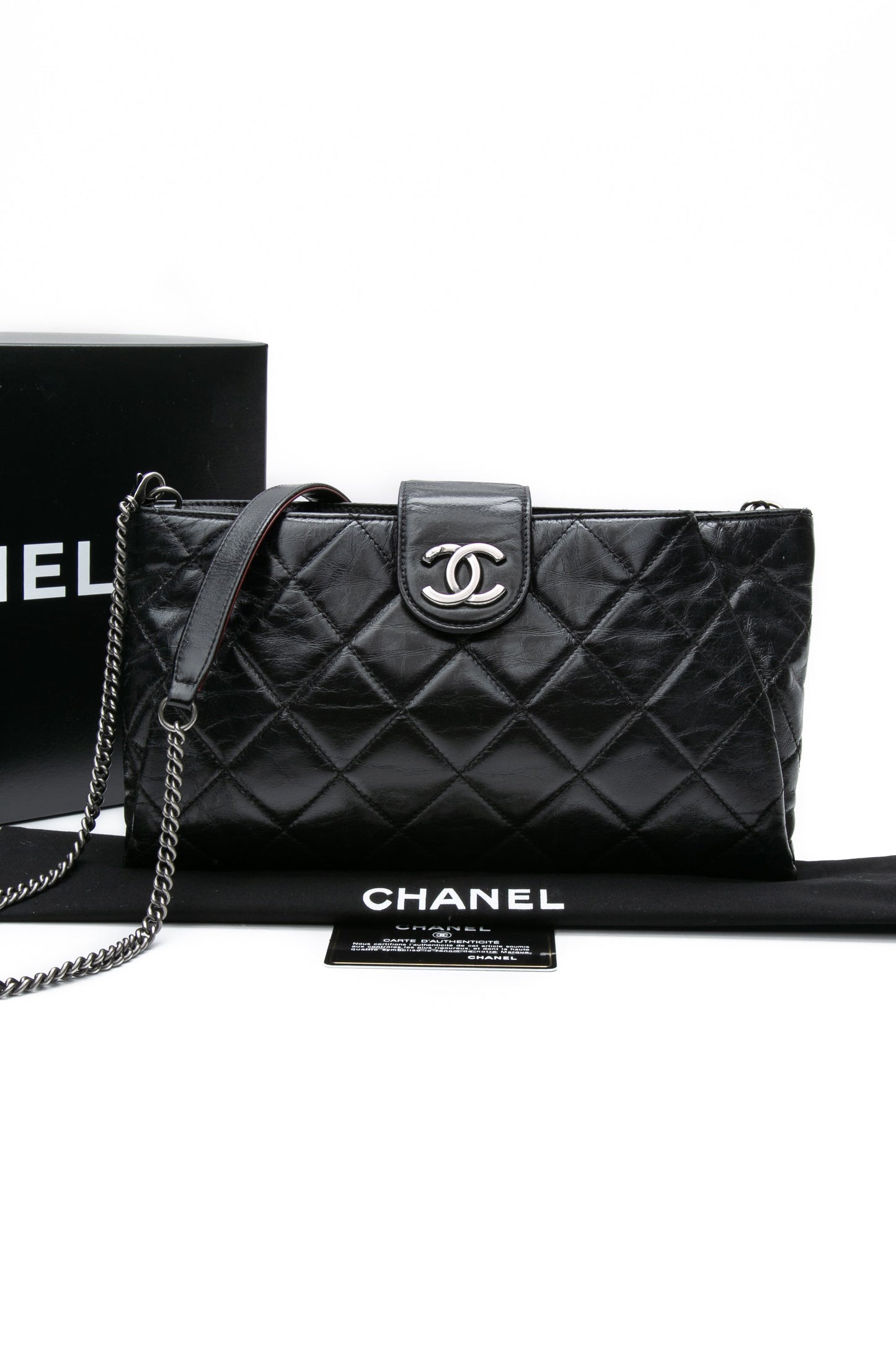 CHANEL Black Glazed Calfskin Quilted Coco Pleats Chain Clutch Bag