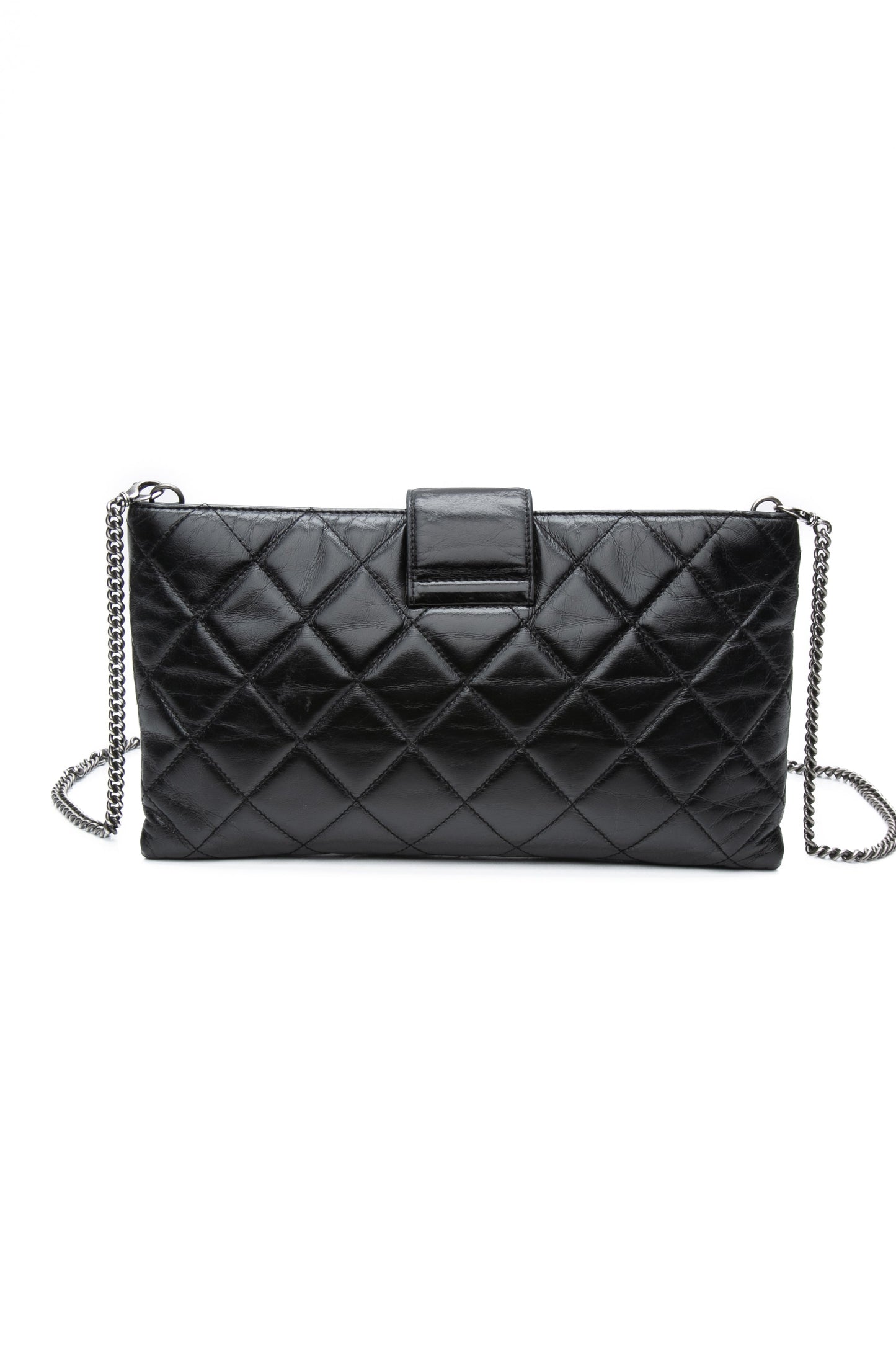 CHANEL Black Glazed Calfskin Quilted Coco Pleats Chain Clutch Bag