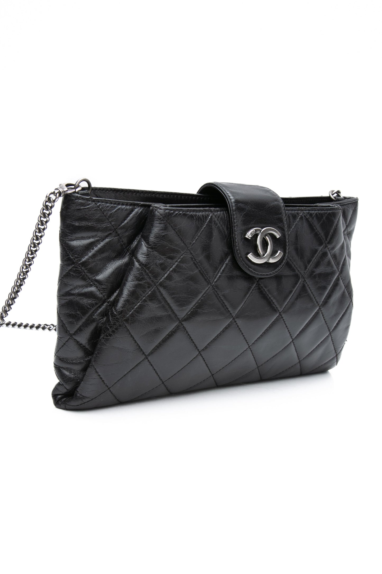 CHANEL Black Glazed Calfskin Quilted Coco Pleats Chain Clutch Bag
