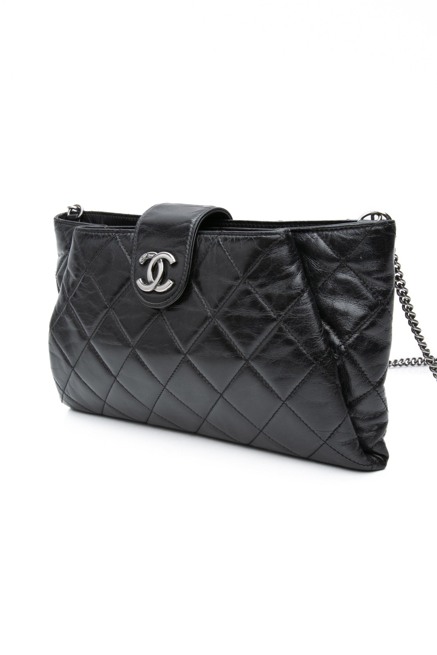 CHANEL Black Glazed Calfskin Quilted Coco Pleats Chain Clutch Bag