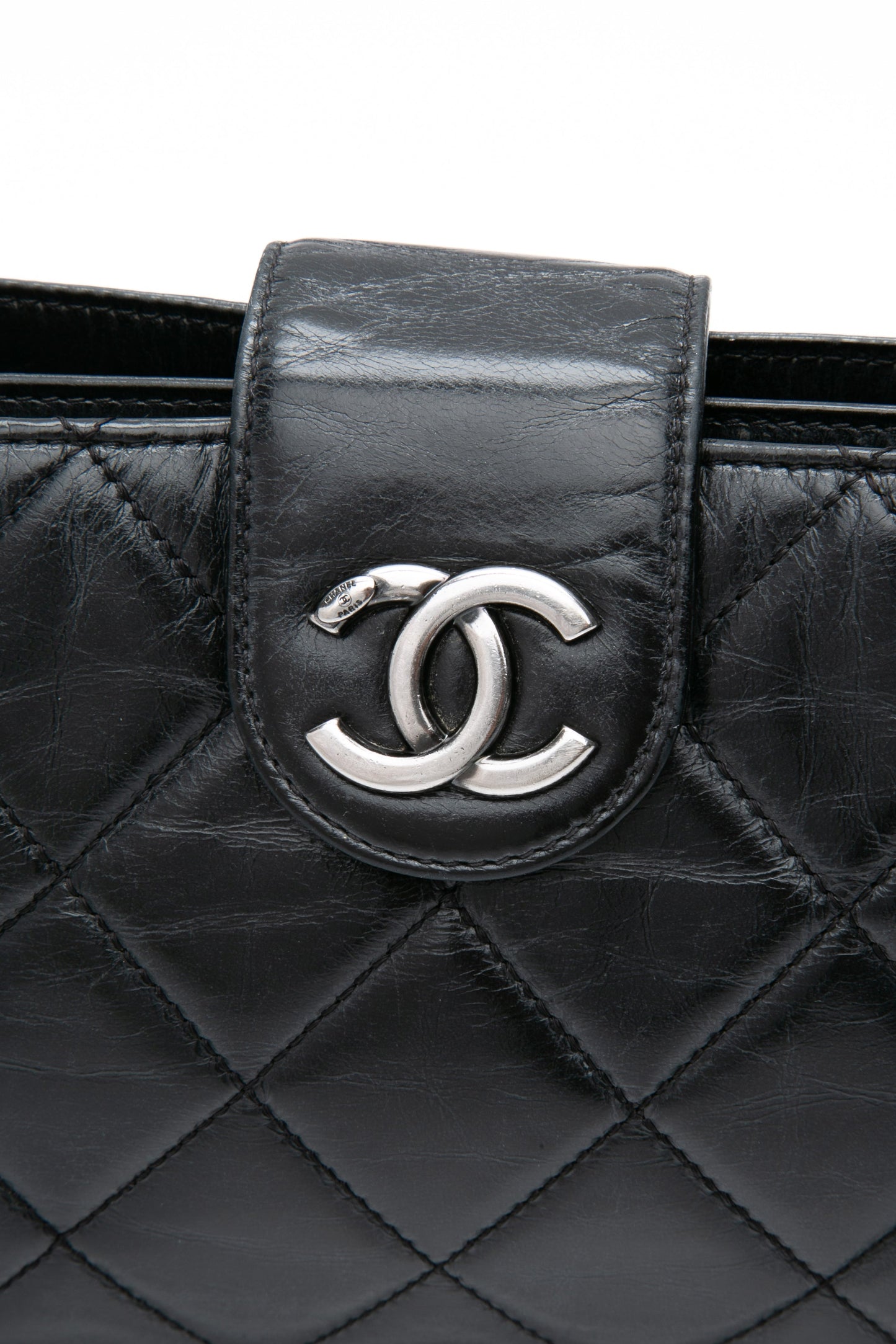 CHANEL Black Glazed Calfskin Quilted Coco Pleats Chain Clutch Bag