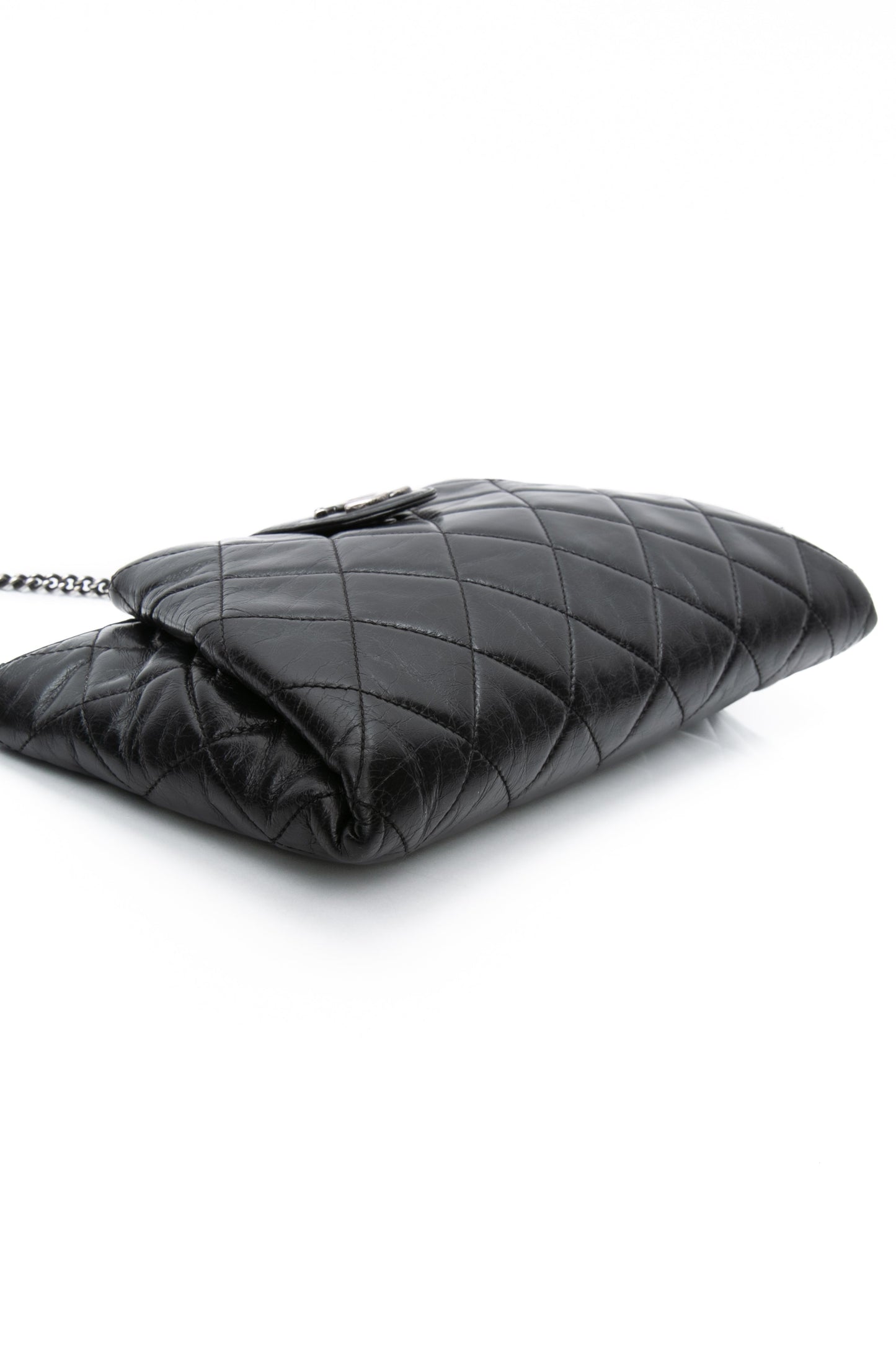 CHANEL Black Glazed Calfskin Quilted Coco Pleats Chain Clutch Bag