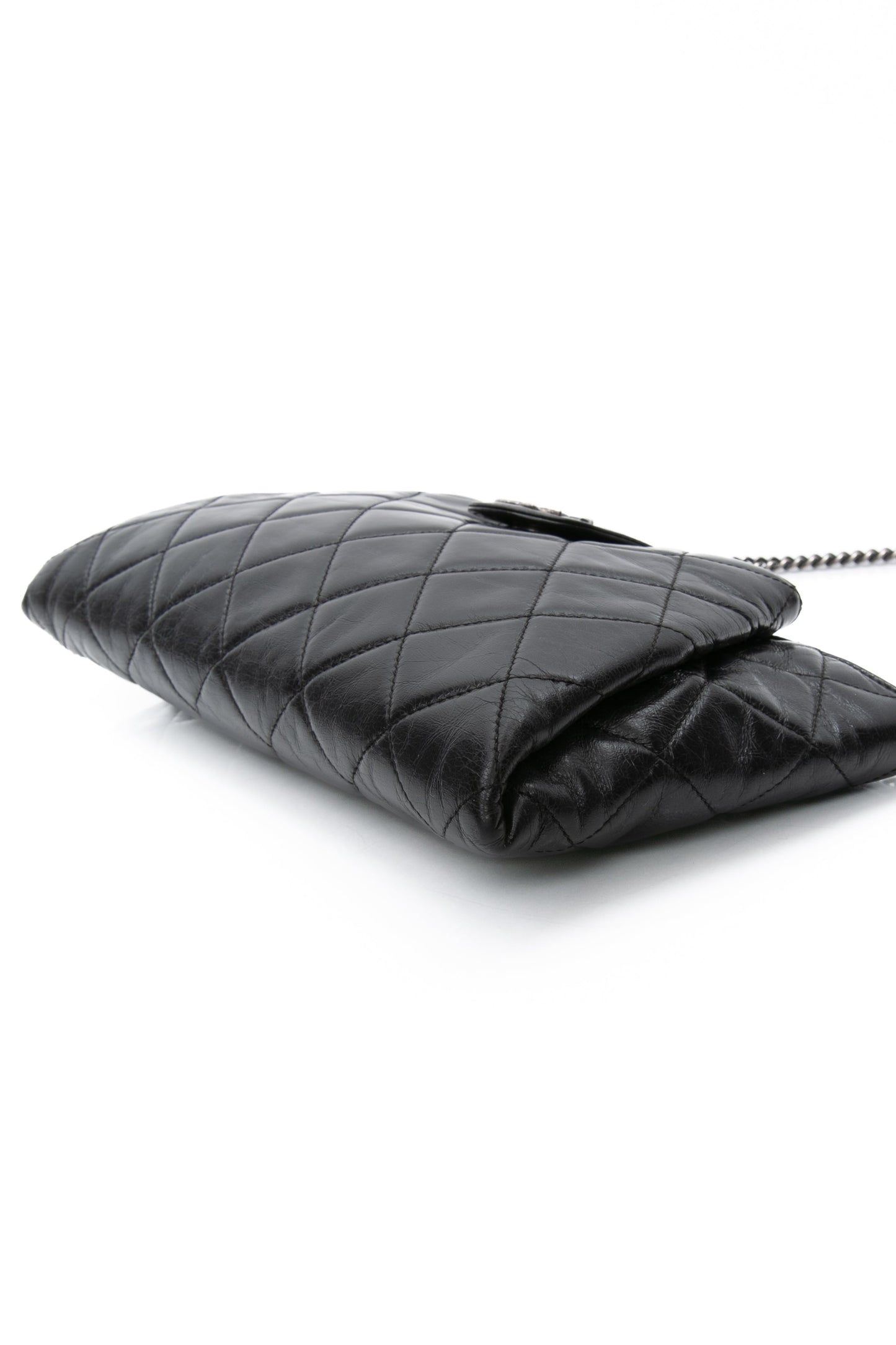 CHANEL Black Glazed Calfskin Quilted Coco Pleats Chain Clutch Bag