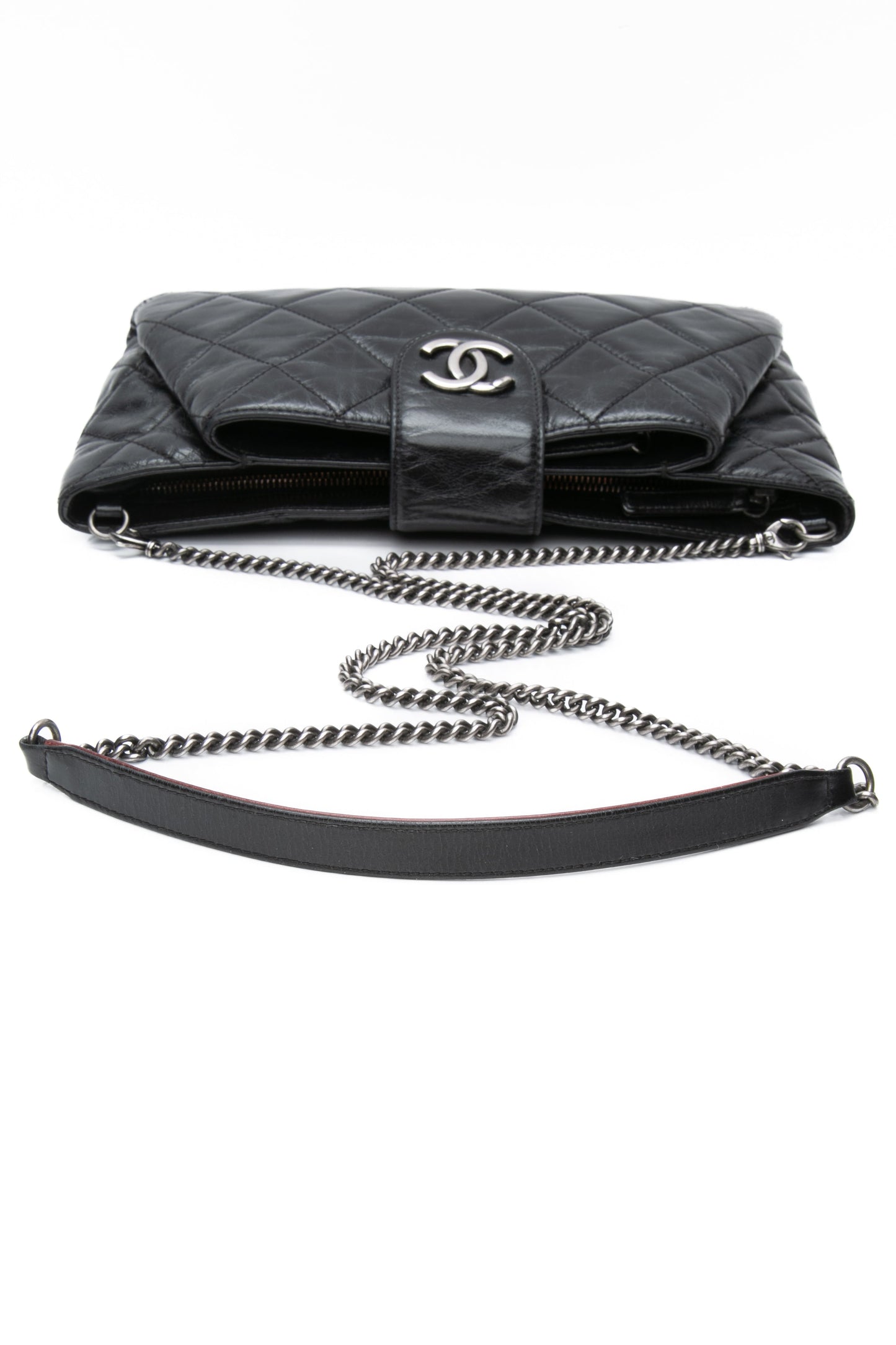 CHANEL Black Glazed Calfskin Quilted Coco Pleats Chain Clutch Bag
