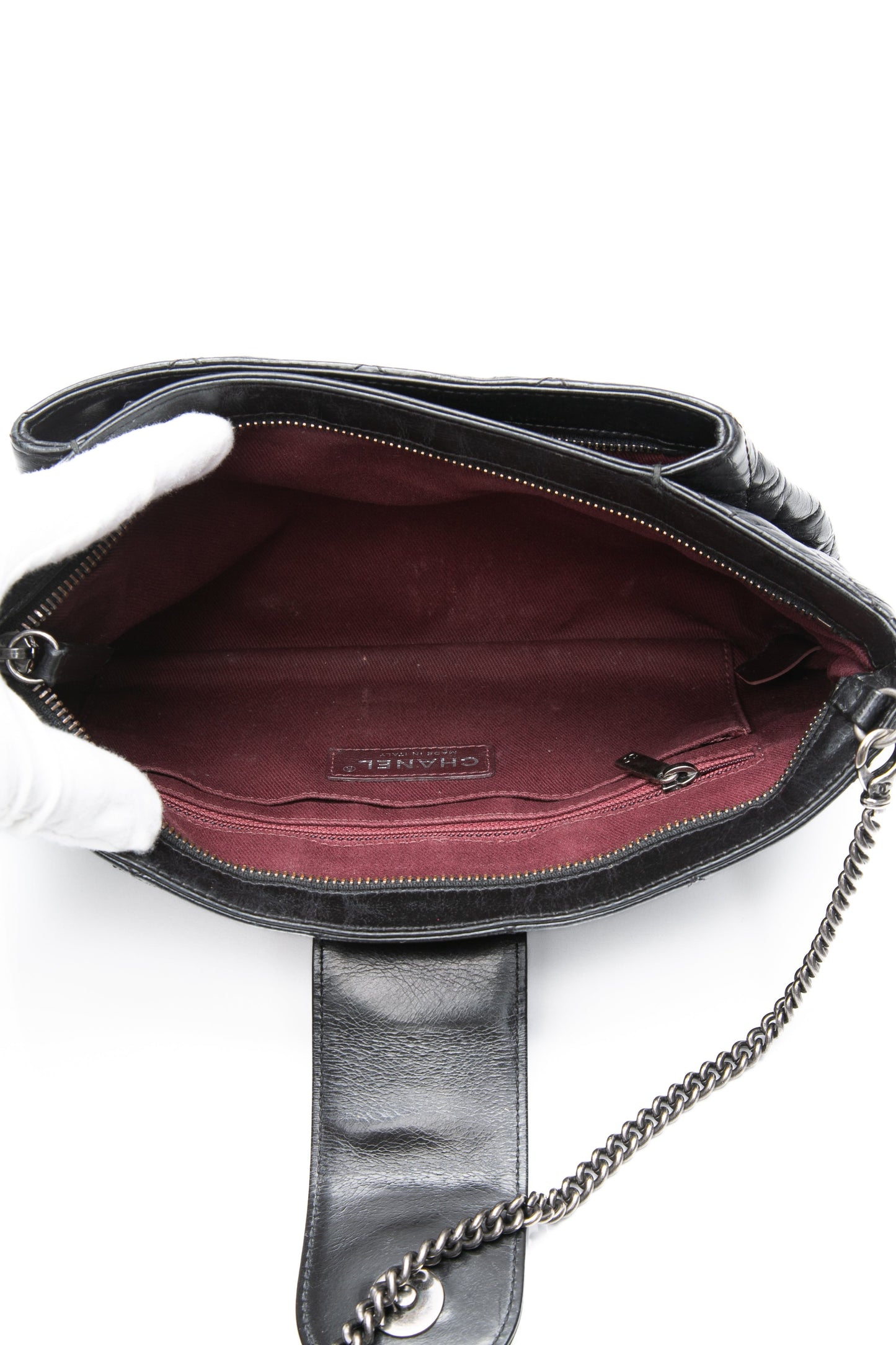 CHANEL Black Glazed Calfskin Quilted Coco Pleats Chain Clutch Bag
