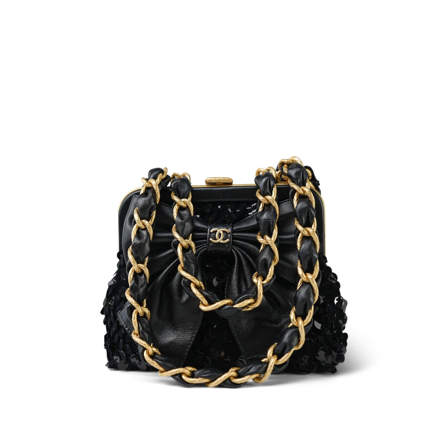 24A Black Sequin Tweed Lambskin Bow Clutch With Chain Aged Gold Hardware