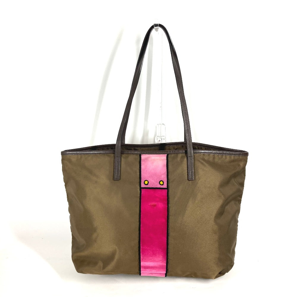 PRADA Tote Bag Nylon, Velour khaki Shoulder Bag logo Tessuto Women Used