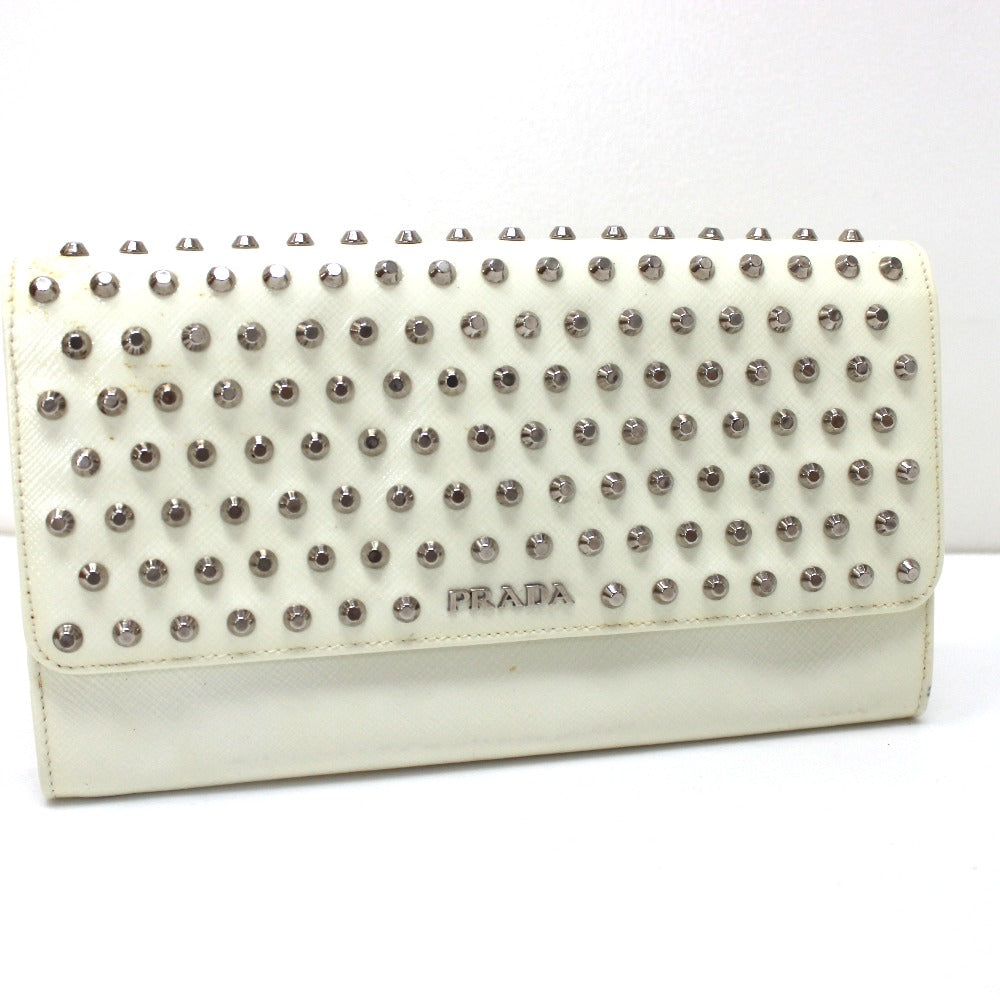 PRADA Long Wallet Purse leather white Wallet bag Studs Women Used
