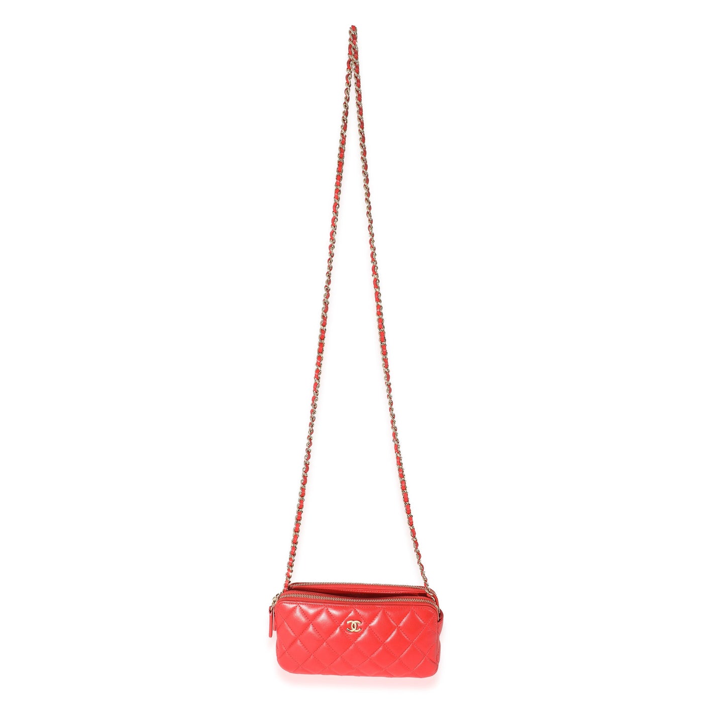 Chanel Red Lambskin Double Zip Clutch With Chain