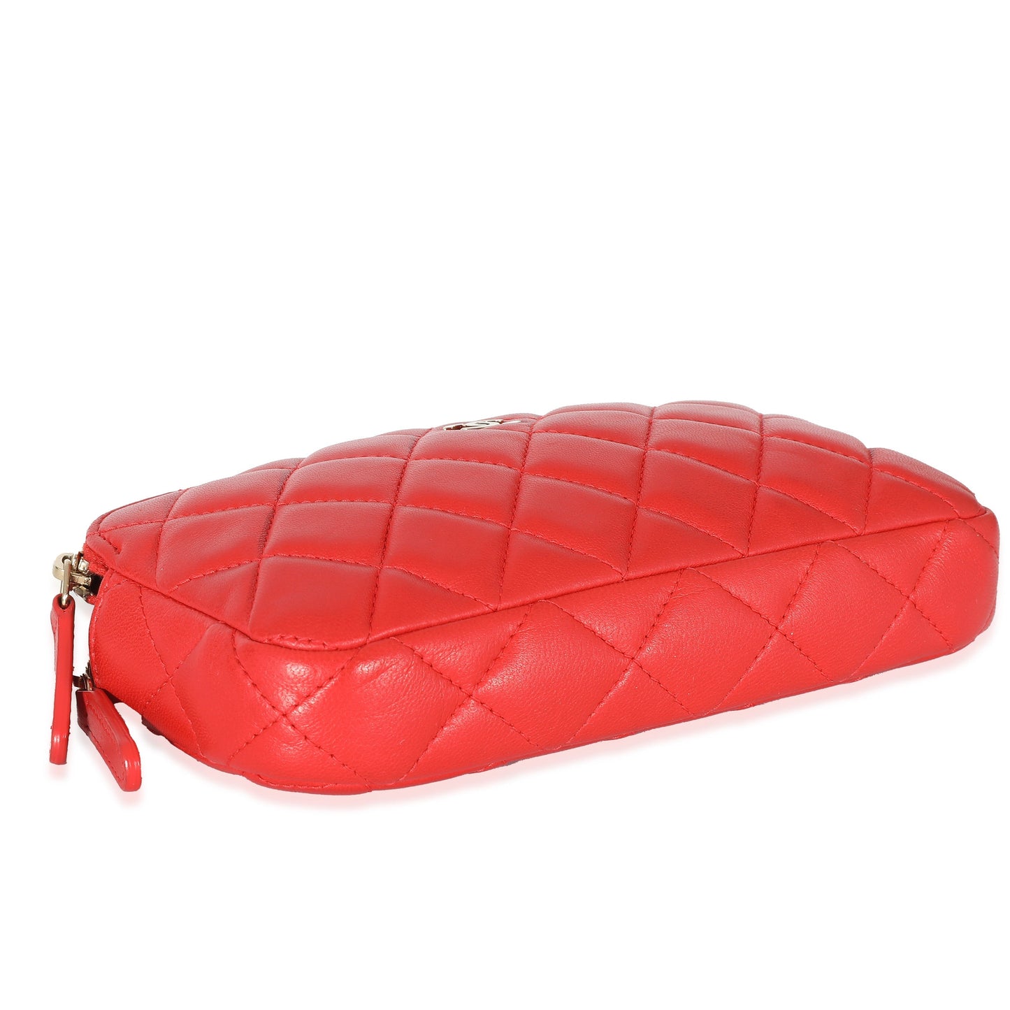 Chanel Red Lambskin Double Zip Clutch With Chain
