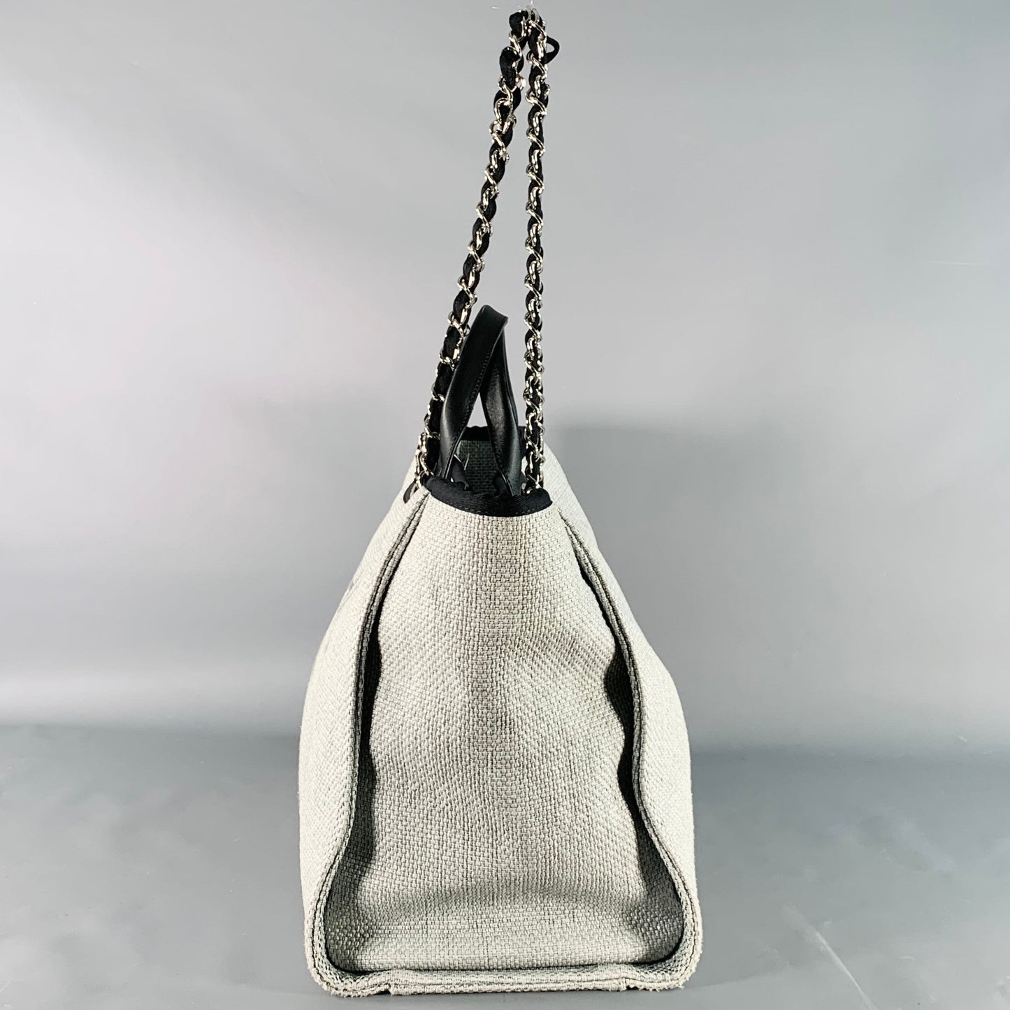 CHANEL Deanville Black Grey Tweed Straw Canvas Tote Leather Handles Handbag