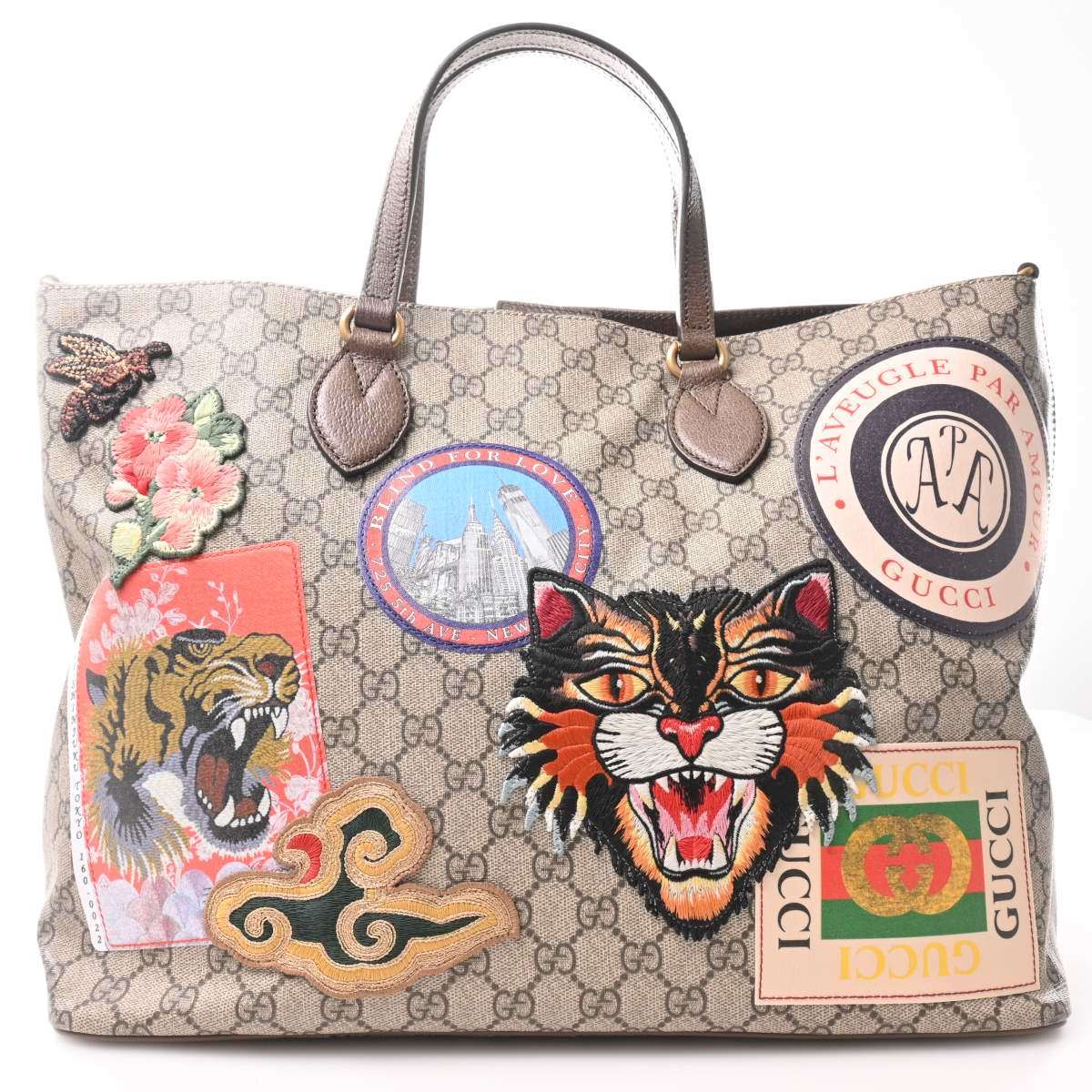 Gucci Supreme Courrier 2Way Tiger Patch Tote- Beige PVC