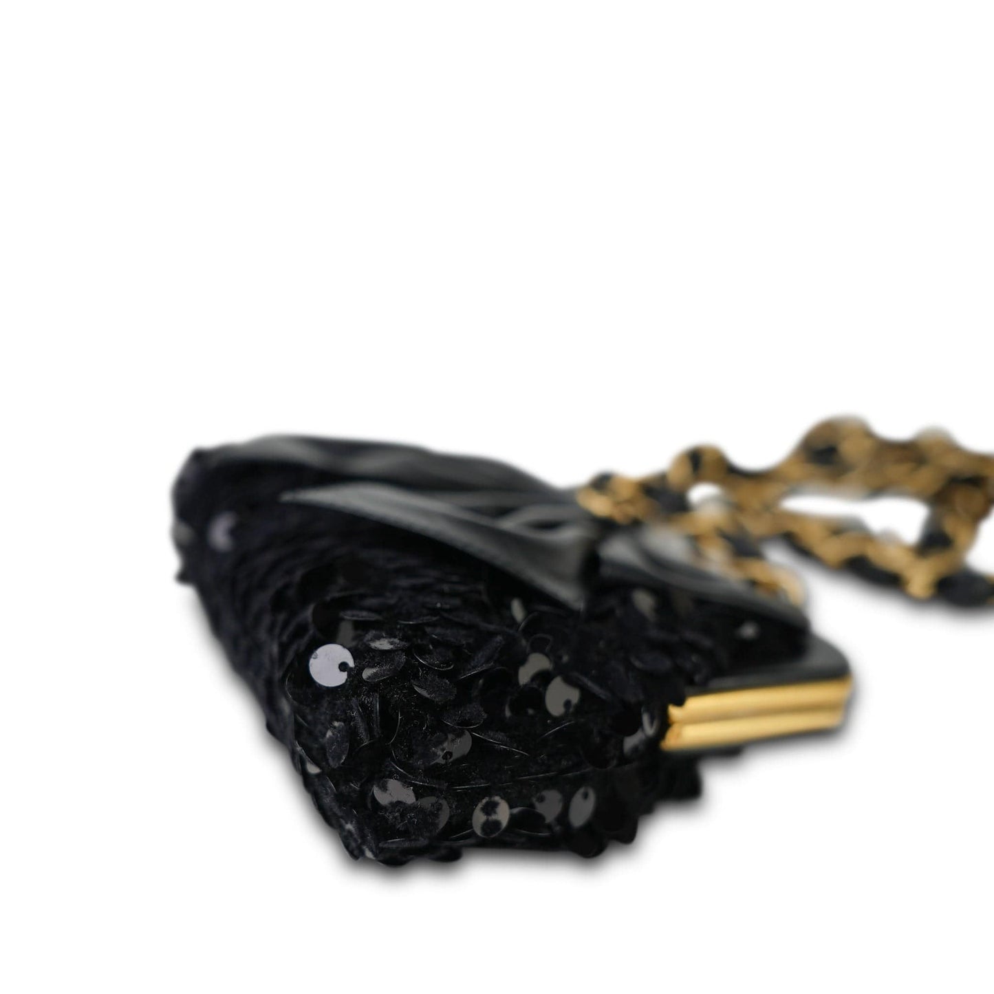 24A Black Sequin Tweed Lambskin Bow Clutch With Chain Aged Gold Hardware