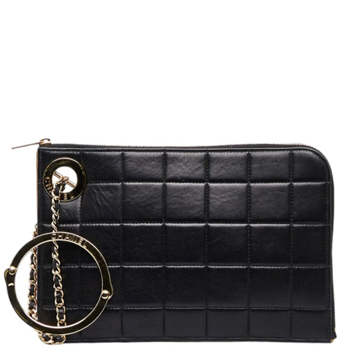 CHANEL Chocolate Bar Ring Handle Clutch Bag Second Pouch Black Gold Lambskin Ladies