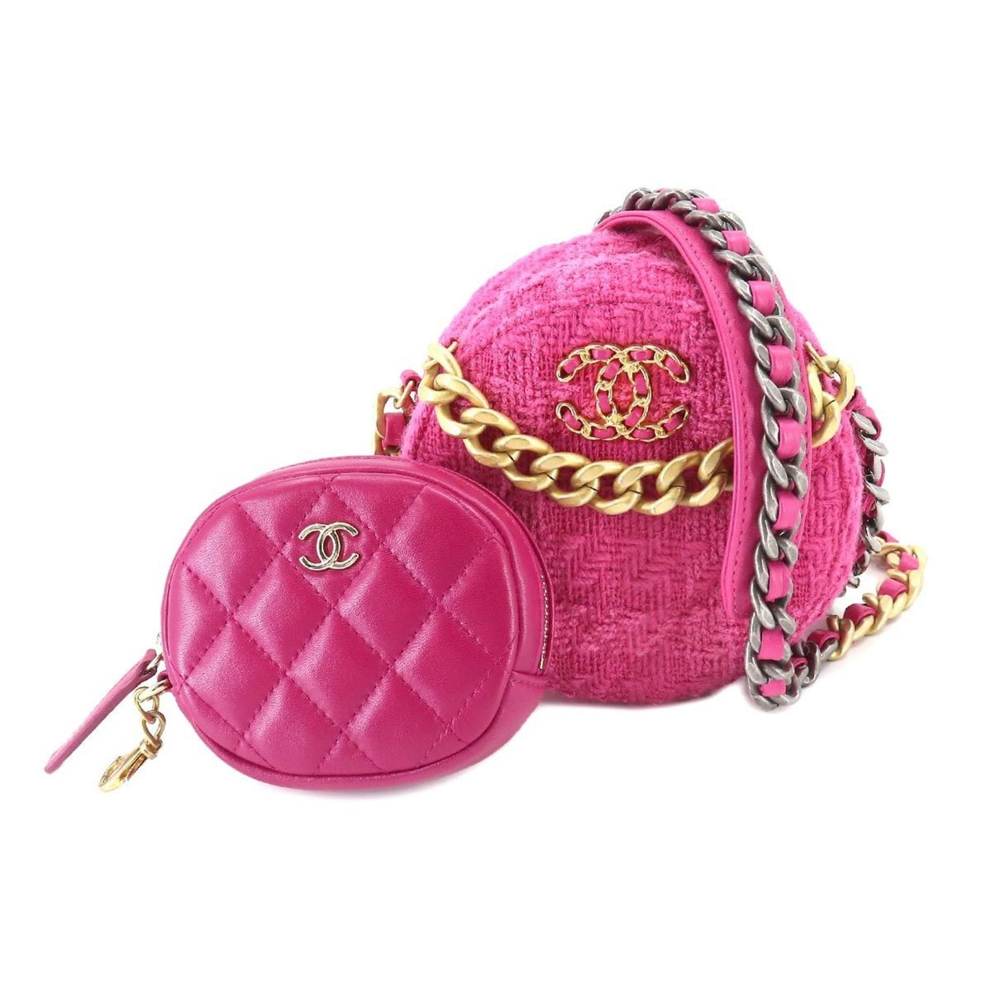 CHANEL 19 Bag with round chain shoulder bag tweed leather pink pouch