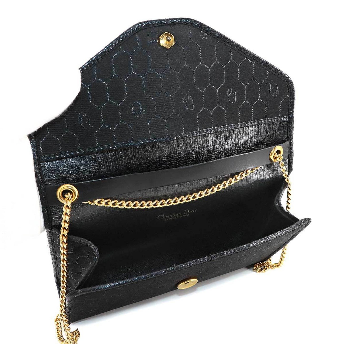 Christian Dior Honeycomb 2way Clutch Shoulder Bag Canvas Leather Black Gold Metal Fittings