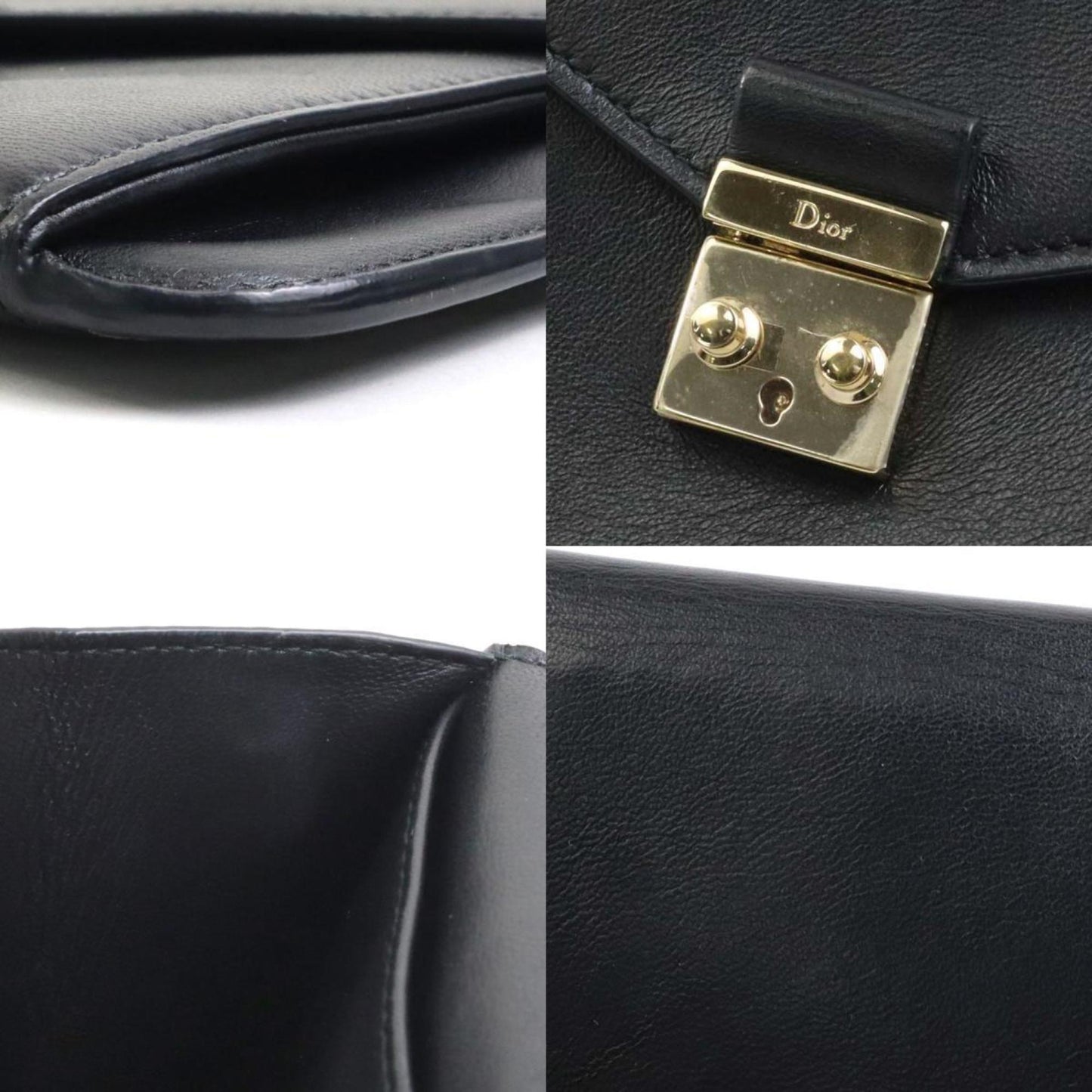 Christian Dior Chain Wallet Clutch Bag Leather Black Ladies