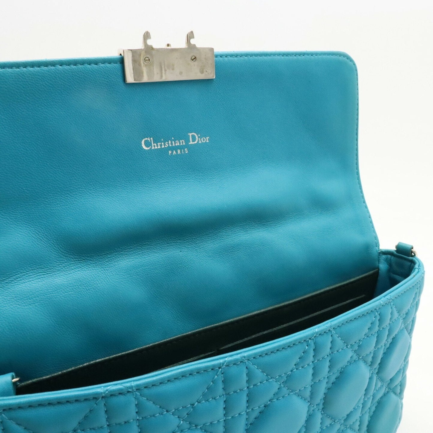 Christian Dior Miss Cannage New Rock Chain Wallet Clutch Bag Leather Turquoise Blue