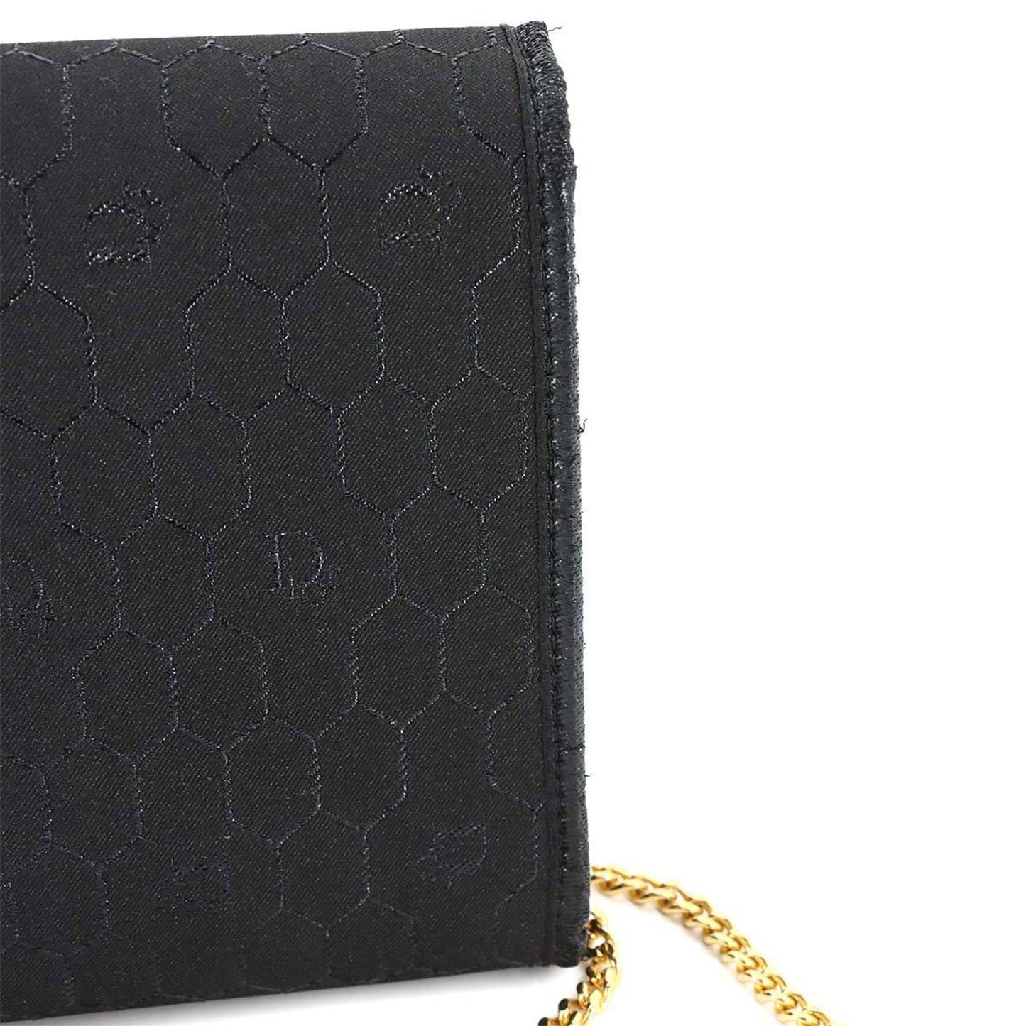 Christian Dior Honeycomb 2way Clutch Shoulder Bag Canvas Leather Black Gold Metal Fittings