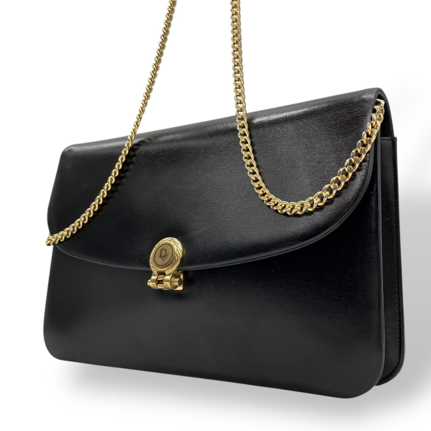 Christian Dior Chain Shoulder Bag Black Leather Genuine Vintage Logo Metal Fittings Crossbody Women's K3