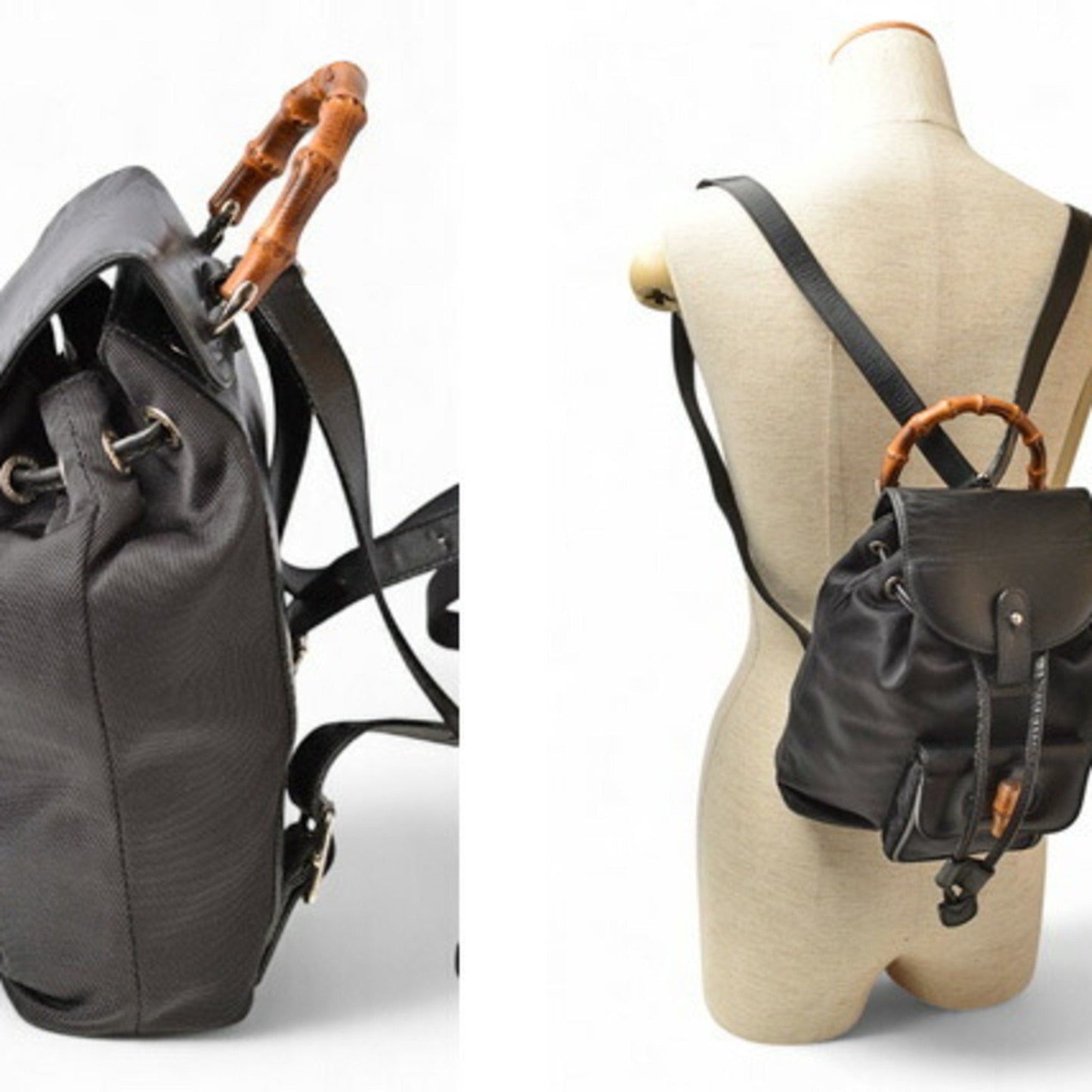 GUCCI Bamboo Backpack Canvas Leather Black
