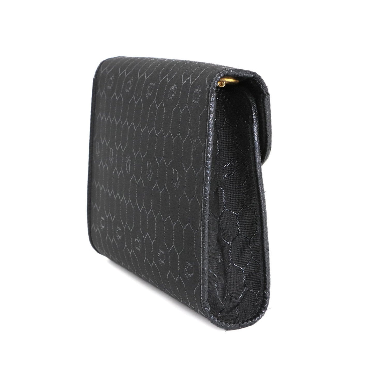 Christian Dior Honeycomb 2way Clutch Shoulder Bag Canvas Leather Black Gold Metal Fittings