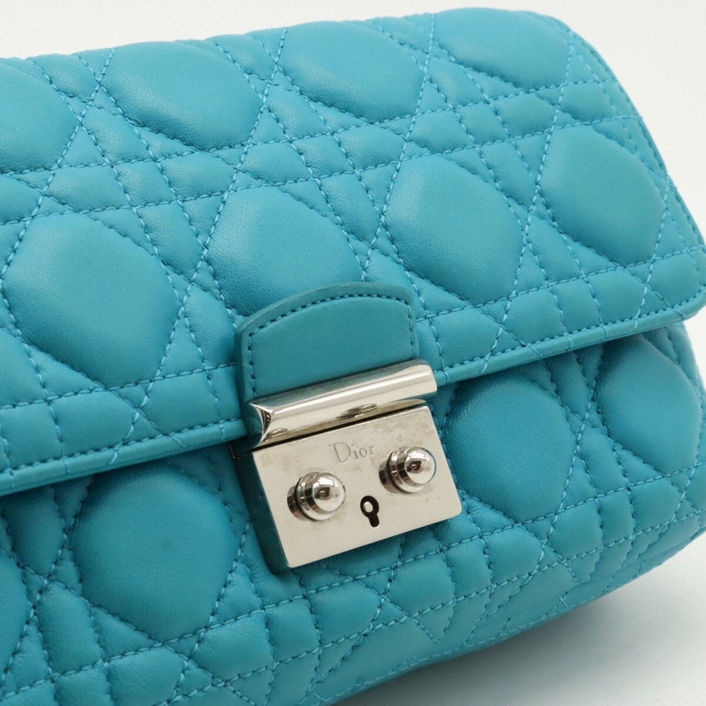 Christian Dior Miss Cannage New Rock Chain Wallet Clutch Bag Leather Turquoise Blue