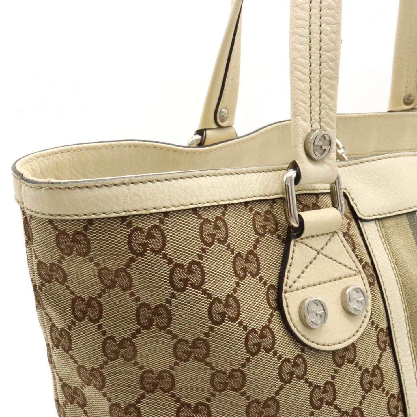 GUCCI GG Canvas Striped Tote Bag Shoulder Leather Khaki Beige Light 232973