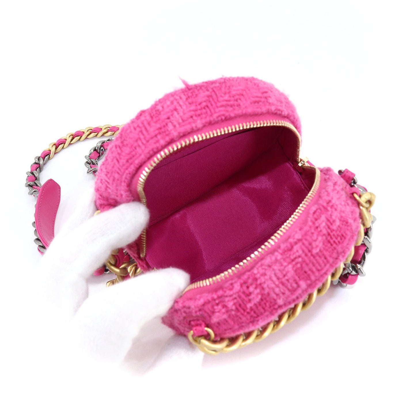 CHANEL 19 Bag with round chain shoulder bag tweed leather pink pouch