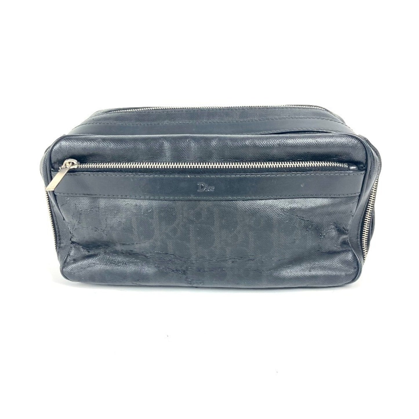 Christian Dior Dior Trotter Logo Pouch Clutch Bag Second Leather Coated Canvas Men's Black