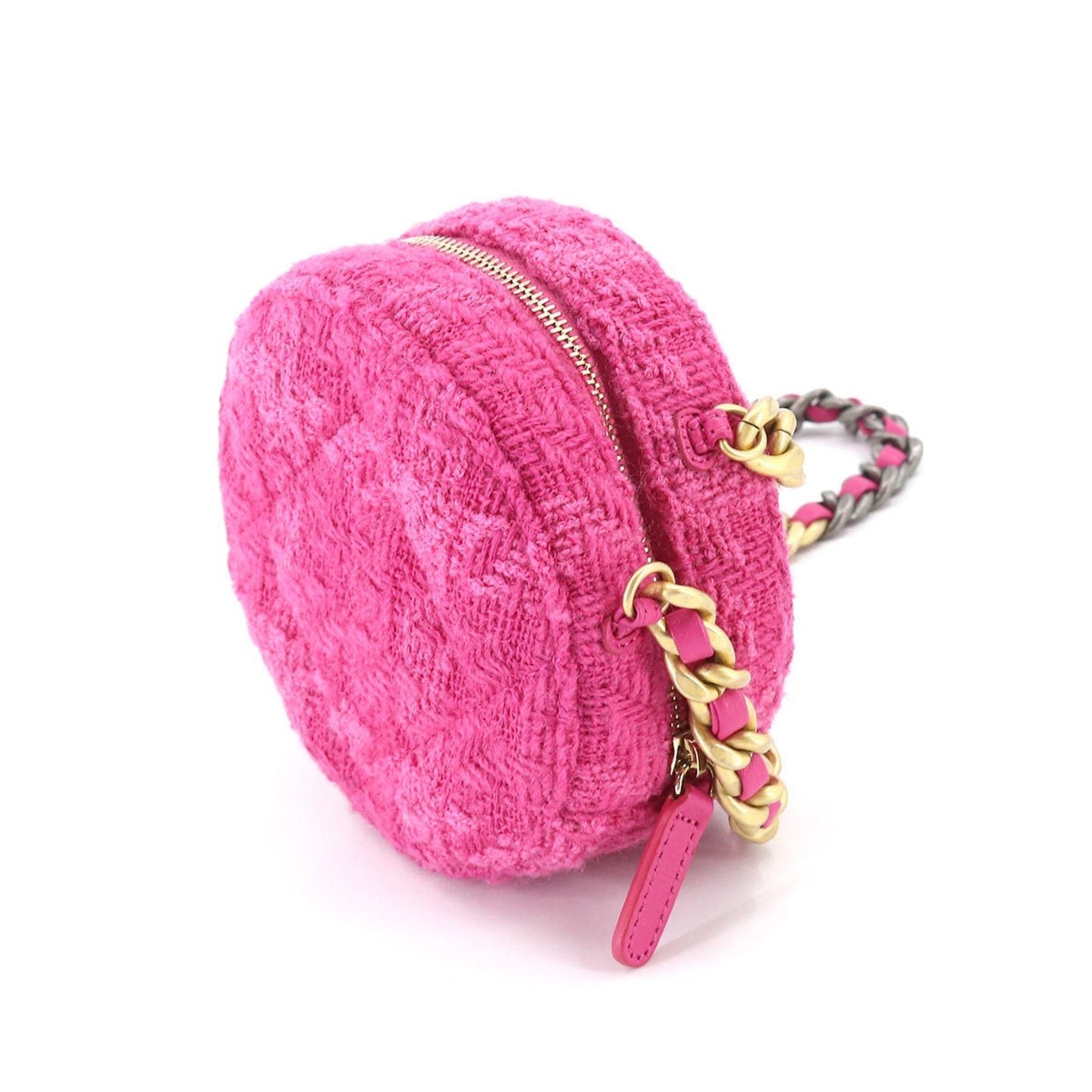 CHANEL 19 Bag with round chain shoulder bag tweed leather pink pouch