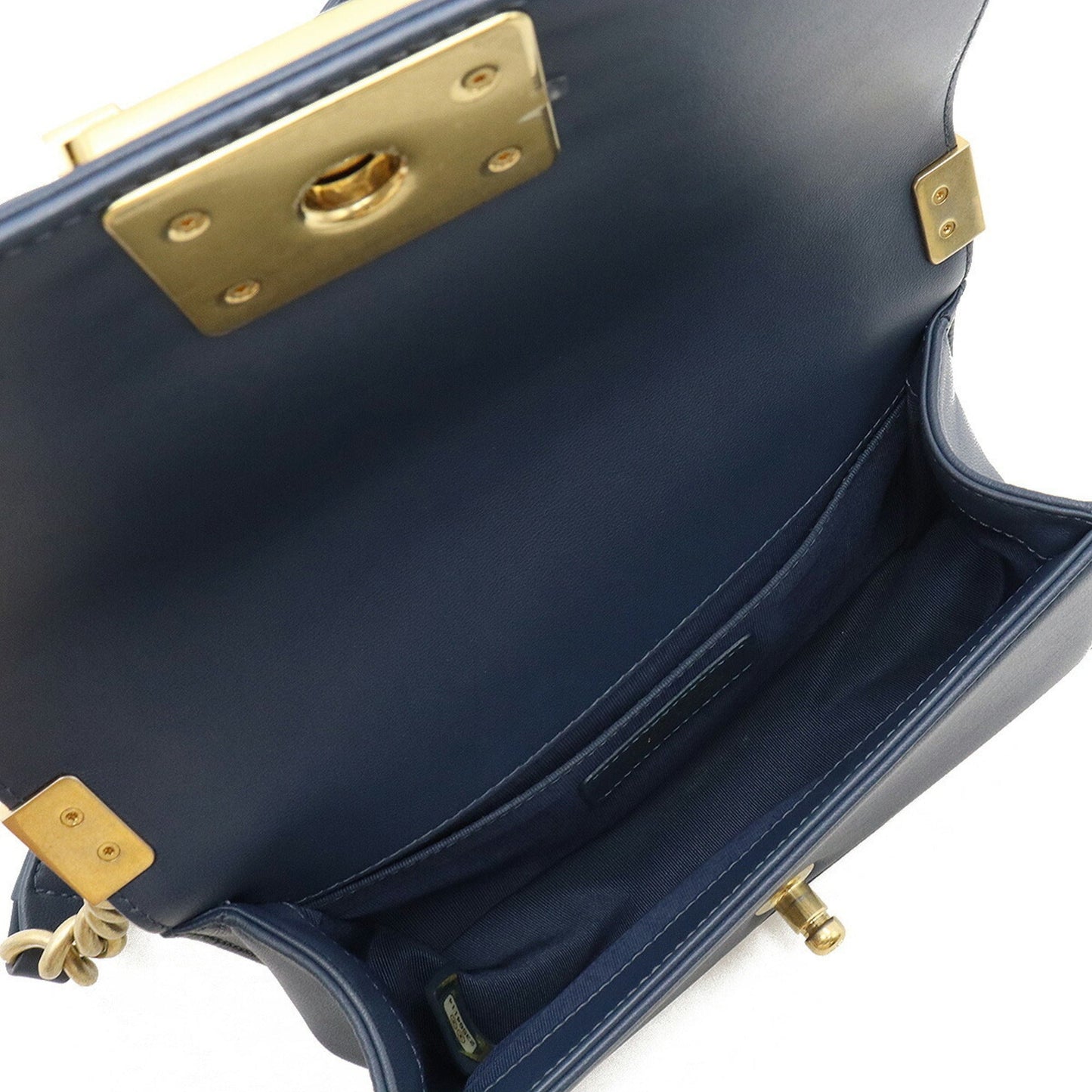 CHANEL Boy V Stitch Chain Bag Shoulder Clutch Fabric Leather Navy Natural