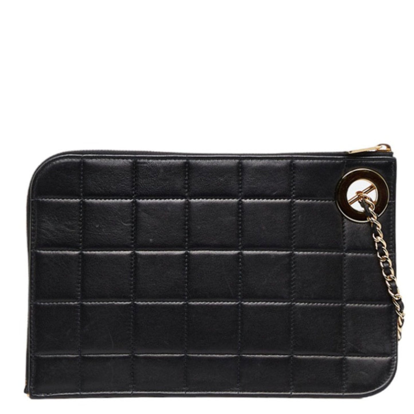 CHANEL Chocolate Bar Ring Handle Clutch Bag Second Pouch Black Gold Lambskin Ladies