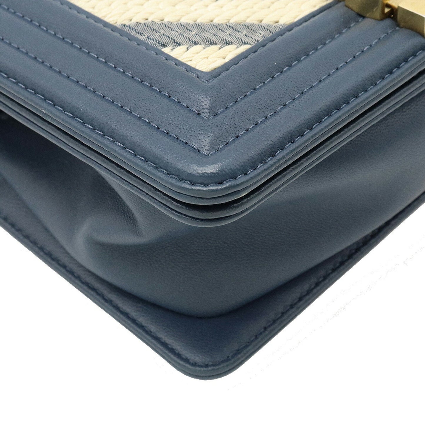 CHANEL Boy V Stitch Chain Bag Shoulder Clutch Fabric Leather Navy Natural